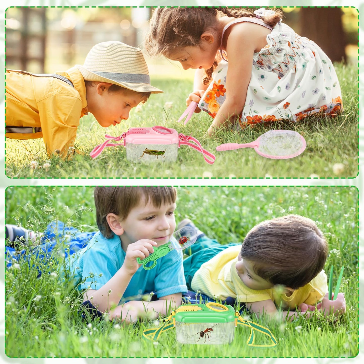 Halloscume 6 Sets Bug Catcher for Kids Students Insect Catching Kit Collector Bug Box with House, Butterfly Net, Tweezer, Cage Habitats Container Collection Explorer Gift (Pink,Green)
