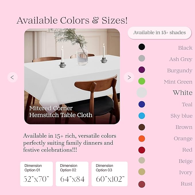 White Tabletop Tablecloth, 60x102 Inch, 100% Cotton, Fits 8-10 Seats, Washable, Soft, Durable, Wrinkle Resistant, Rectangle Table Cover for Dining, Weddings, Holiday Celebrations