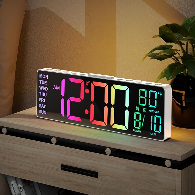 JALL 10.5'' Large Digital Alarm Clock with Big LED Number, Remote Control, RGB Colors,Timer, Dual Alarm, Temperature for Back to School Classroom, Bedroom, Living Room, Gift for Senior Student Teacher