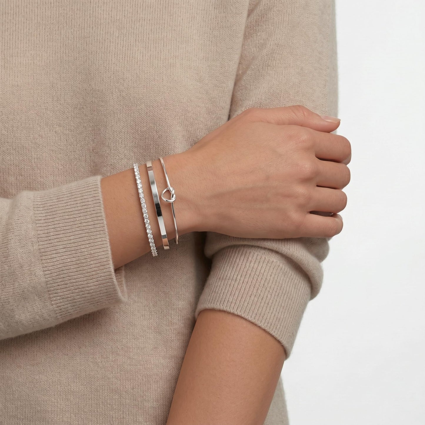 Poxtex Silver Cuff Bracelets Set for Women, 3 Pcs Stackable Open Bangles, Cubic Zirconia Tennis, Stardust Thin Polished Band, Non Tarnish Stainless Steel Jewelry Gifts