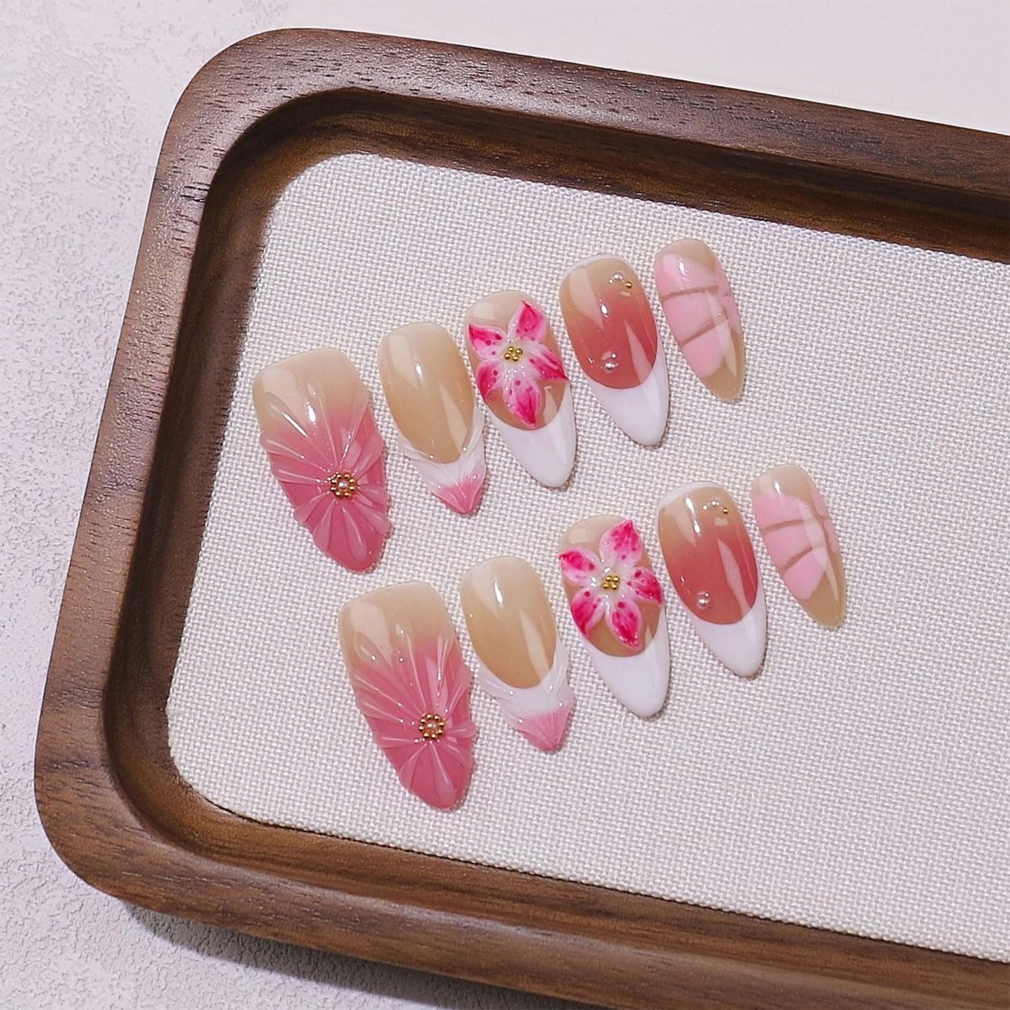 10 Pcs Handmade Press on Nails with Glue,Luxury Almond False Nails with 5D Tropical Flower Design Pink Reusable Acrylic Nails Handmade Nail Muti-Layer Gel Thick False Nails for Women(Size S)