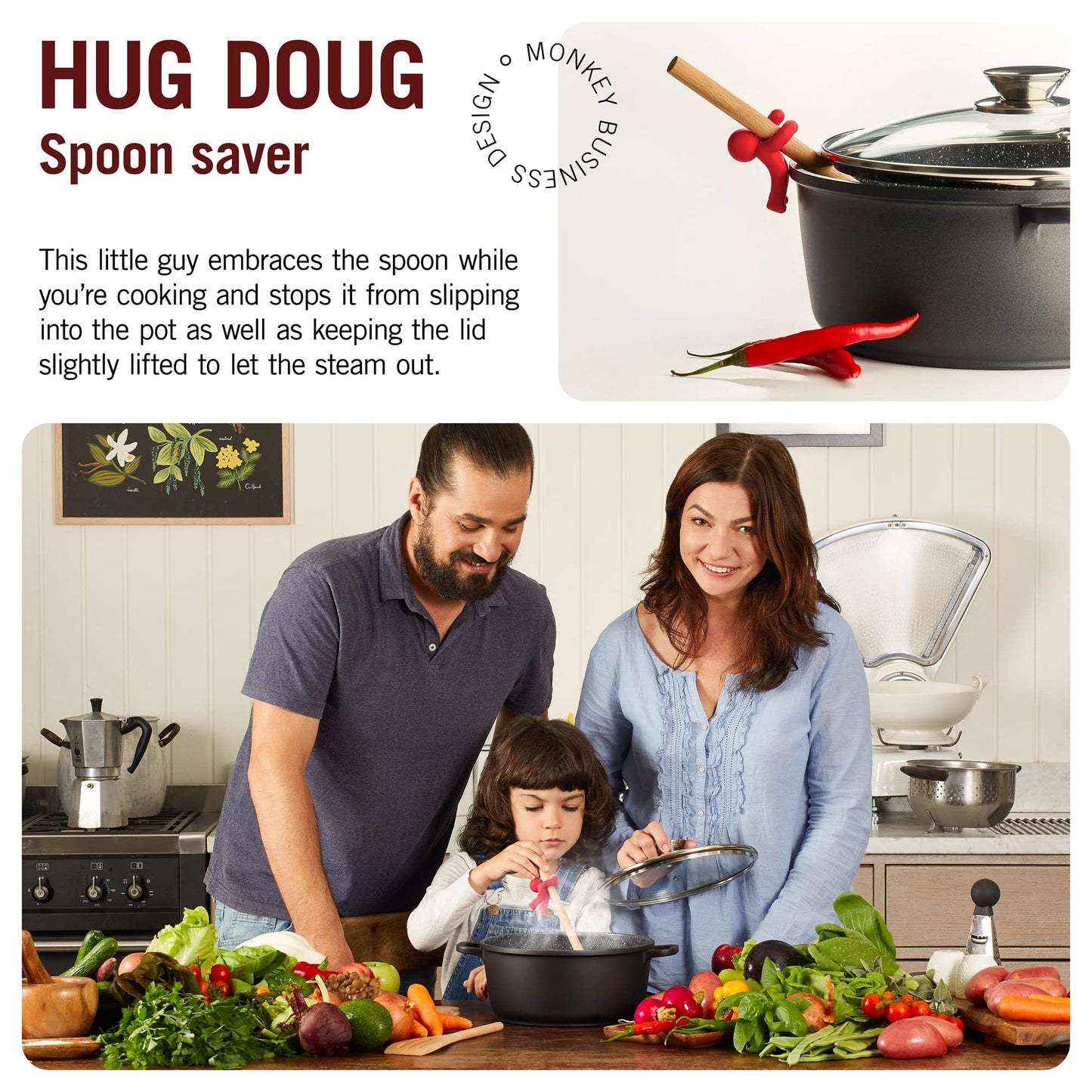 Hug Doug Spoon Saver | Spoon Holder and Lid Lifter Stopping The Spoon from Falling in | Silicone Spoon Rest | Stove Spoon Holder | Cool Kitchen Gadgets & Cute Kitchen Accessories | by Monkey Business