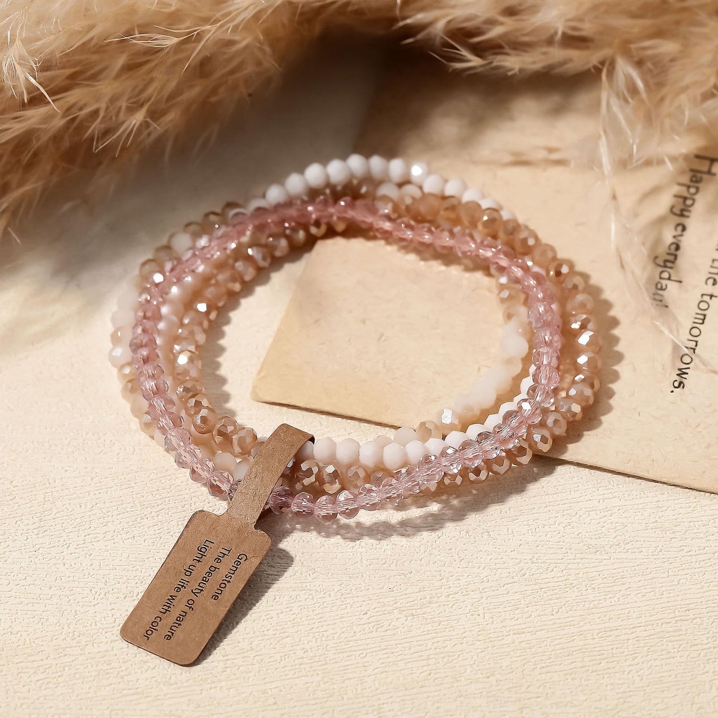 Lubrifico Boho Crystal Bracelet Set of 4pcs/set,4mm Beads Stackable Layering Stretch Bracelets for Women, Friendship Gifts(pink)