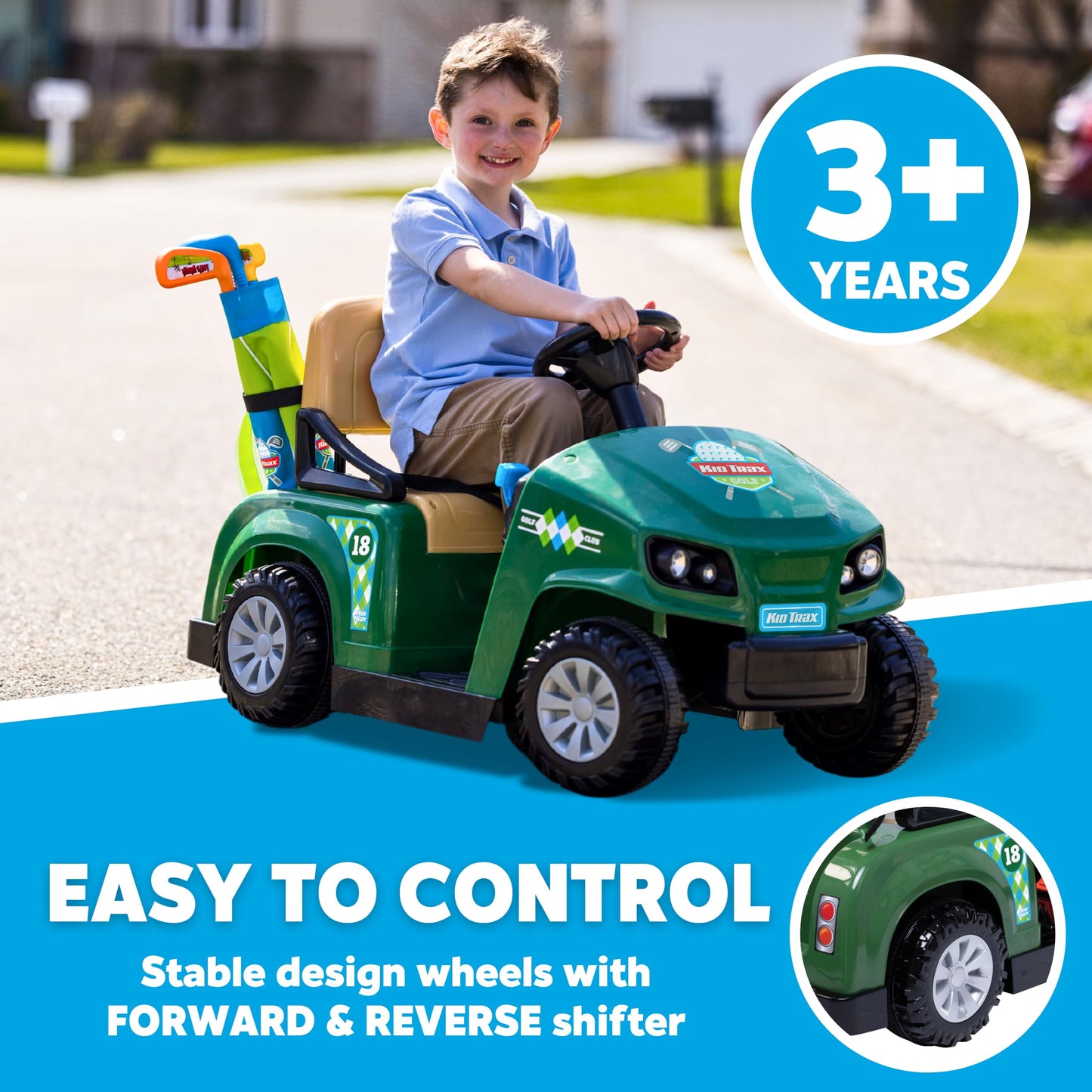 Kid Trax 6V Golf Cart Ride-On for Toddlers, Ages 3+, Golf Clubs & Balls, Lights & Sounds, 2MPH Max Speed, 66lbs Capacity, Seat Belt & Cup Holder, Rechargeable Battery, Forward & Reverse