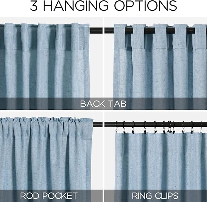 Nanspring Blue Curtains 144 Inches Long 2 Panels for Living Room Back Tab Rod Pocket Semi Sheer Linen Drapes Neutral Home Decor Blue Curtain Ceiling to Floor Length for Dining Room 52x144