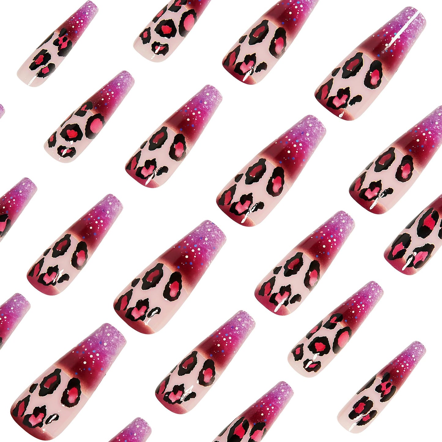 IMSOHOT Pink Press on Nails Long Coffin Fake Nails Leopard Print Designs Full Cover Glossy Glitter Gradient Acrylic Ballerina Stick on Nails for Women 24Pcs