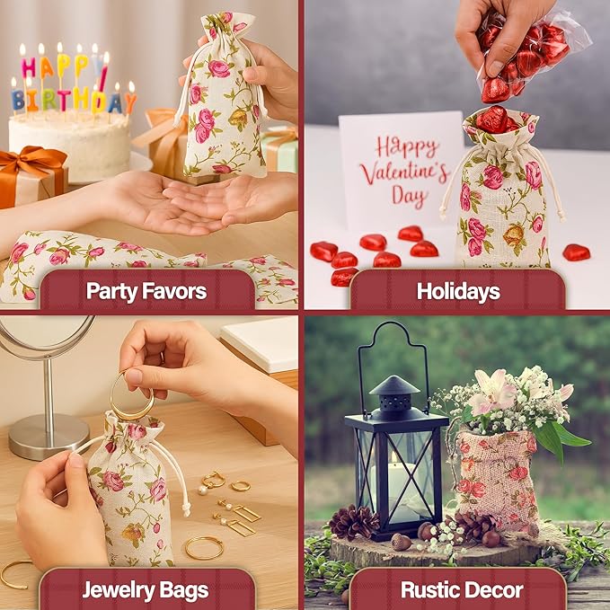 Mandala Crafts 14X20 Inch Rose Burlap Drawstring Gift Bags for Favors - 10 Large Floral Linen Sacks Gift Pouches for Candy, Coffee, Jewelry, Wedding, and Party Supplies