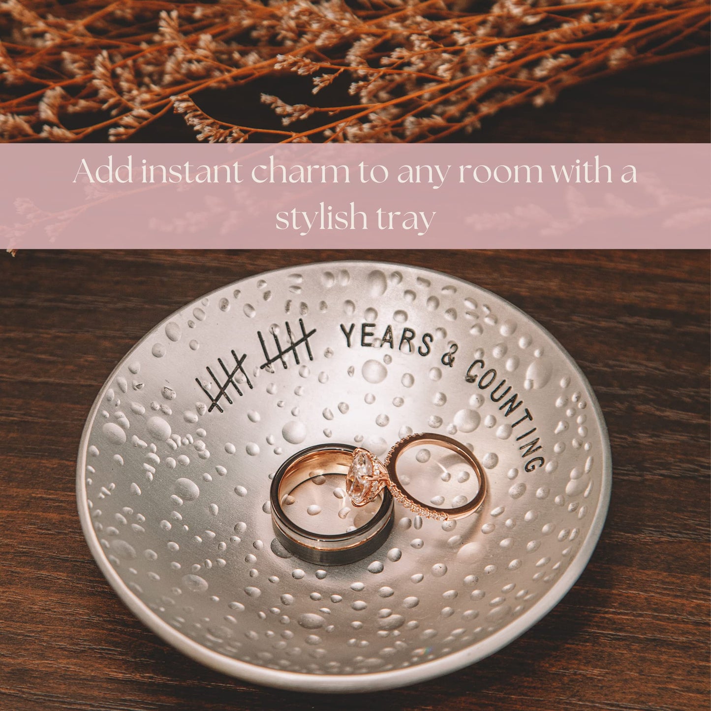 PureRejuva 10th Anniversary Tin Gifts – 4 In., Engraved, Aluminum Wedding Ring Holder Dish & Gift Box – 10 Year Wedding Gift for Him & 10 Year Anniversary for Her Textured Style