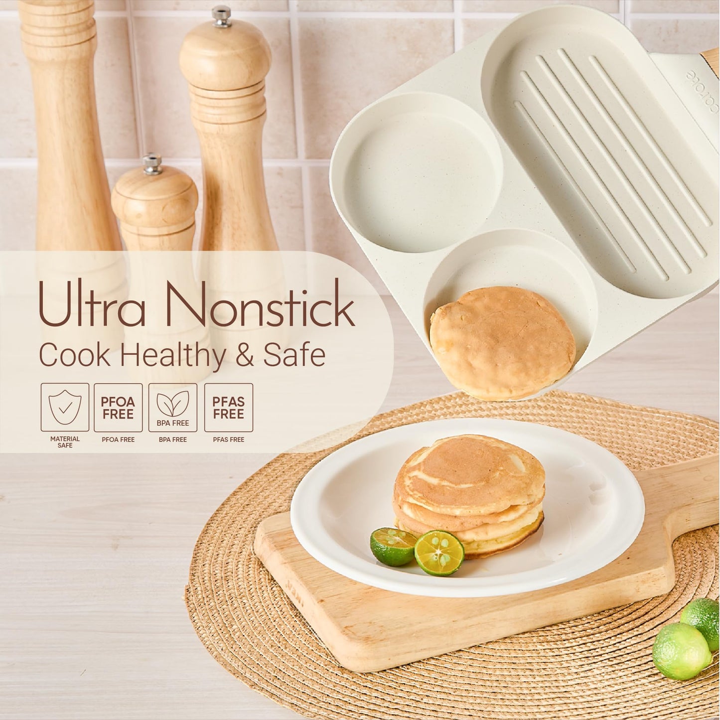 CAROTE Egg Pan Omelette Pan, 3-In-1 Divided Nonstick Grill Pan, Pancake Pan and Healthy Egg CookerSuitable for Gas Stove & Induction Cookware, White Granite