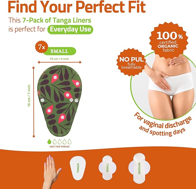 Organic Cotton EcoComfort Reusable Panty Liners for Women & Teens (Tanga, 7-Pack); High-Temp Washable Cloth Liners; Stay Fresh & Dry, for Daily Vaginal Discharge Only; 100% Breathable (no PUL/TPU)