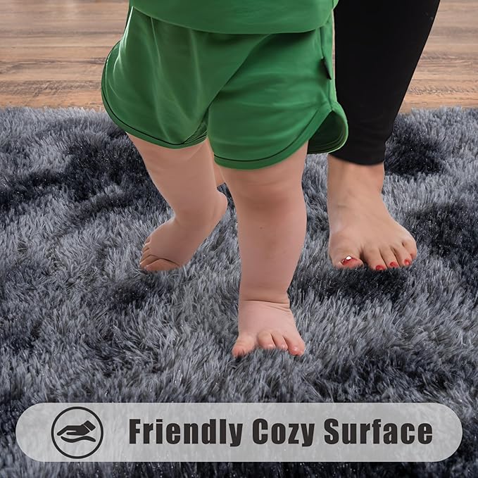 Ultra Soft Runner Rugs for Bedroom Hallways with Upgraded Non-Slip Rubber Backing & Thick Memory Sponge, 2x8 Feet Fluffy Shag Throw Area Rug for Bedside Dorm Tie-dye Dark Grey