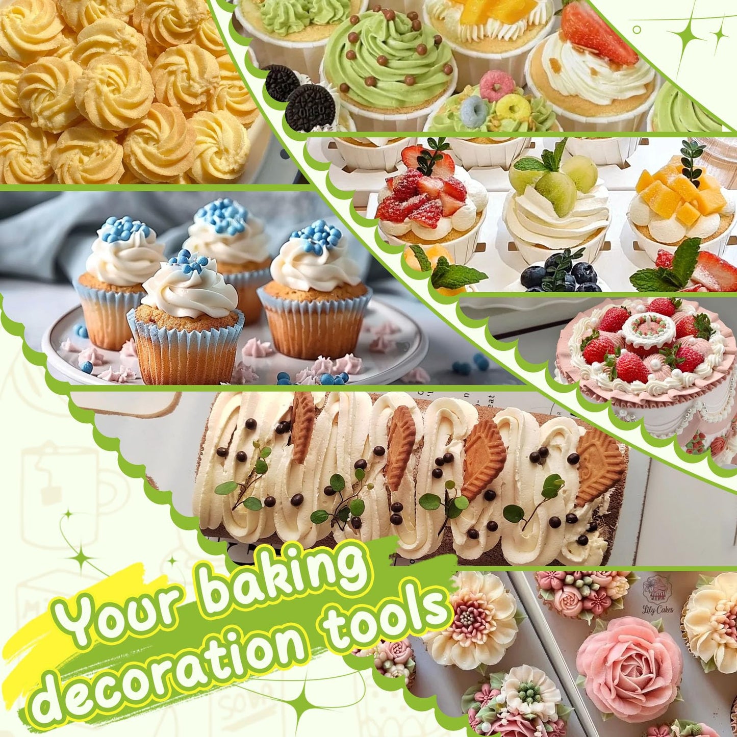 NOVANO Dessert Decorating Syringe Set, Frosting Piping Kit Stainless Steel Cake Decorating Kit with 54 Piping Tips & 9 Silicone Cupcakes, Yellow