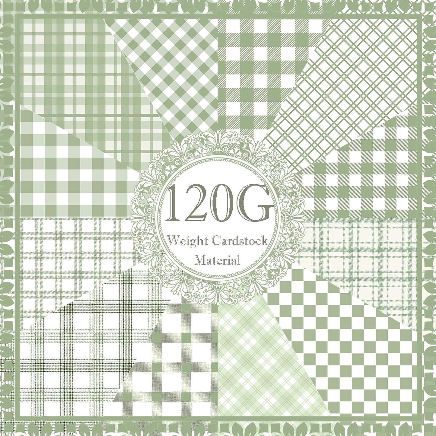 24 Sheets Sage Green Plaid Scrapbook Paper, Double Side Greenery Lattice Patterns Decorative Craft Paper Folded Flat for Spring Easter Birthday Card Making Baby Showers Photo Album Decor, 12'' x 12''