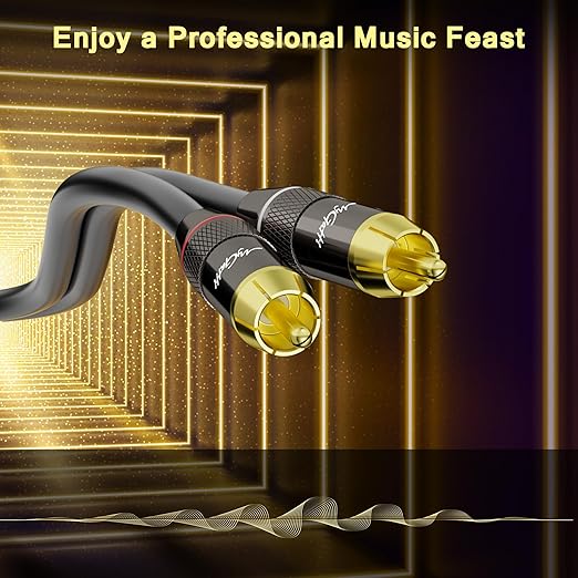RCA Cable 50 FT, 90 Degree Right Angle 2RCA to 2RCA Stereo Audio Cable, Zinc Alloy Shell, Gold-Plated Plug, 2 RCA Audio Cord, for Home Theater, Subwoofer, HDTV, Amplifier, Hi-Fi System, Car, Speaker