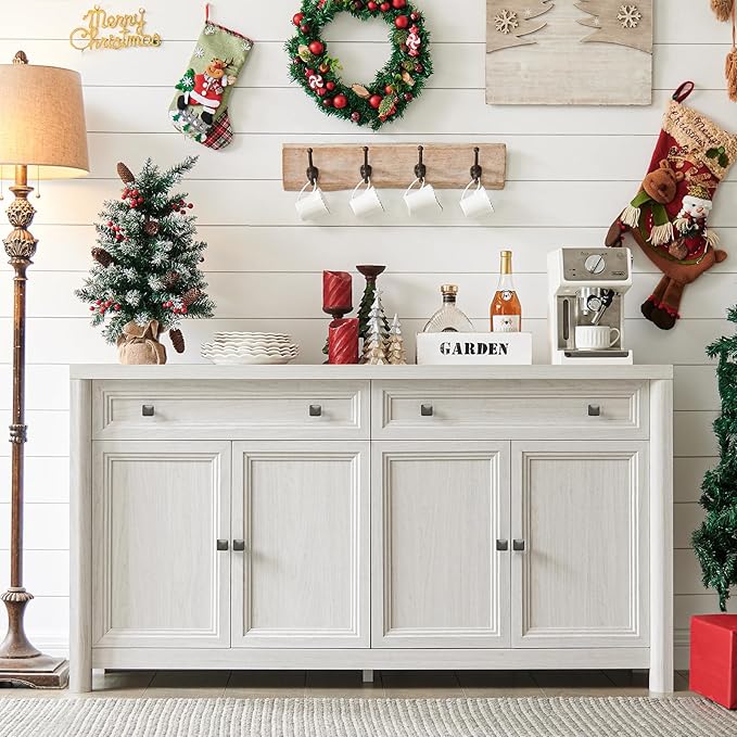 Farmhouse 59" Large Buffet Cabinet with Storage, White Sideboard Cabinets with 4 Doors and 2 Drawers, 32.1" Tall Wood Credenza Coffee Bar Console Kitchen Cabinet for Living Dining Room