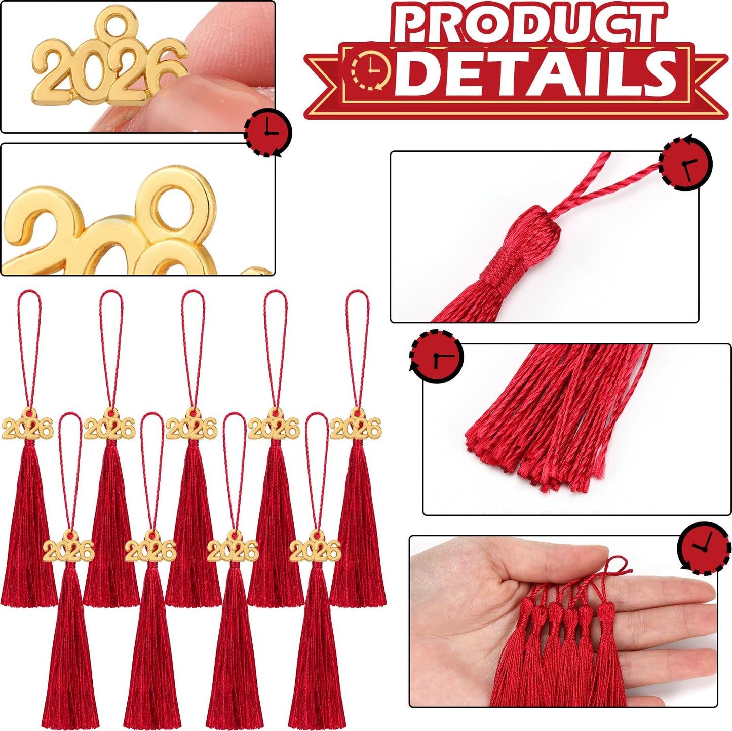 Cindeer 100 Pcs Mini Graduation Tassels with 100 Pcs 2026 Tassel Charms for Crafts Mini Silky Bookmark for Graduation Cap Keychain Ornaments DIY Craft Jewelry Making Project(Red)