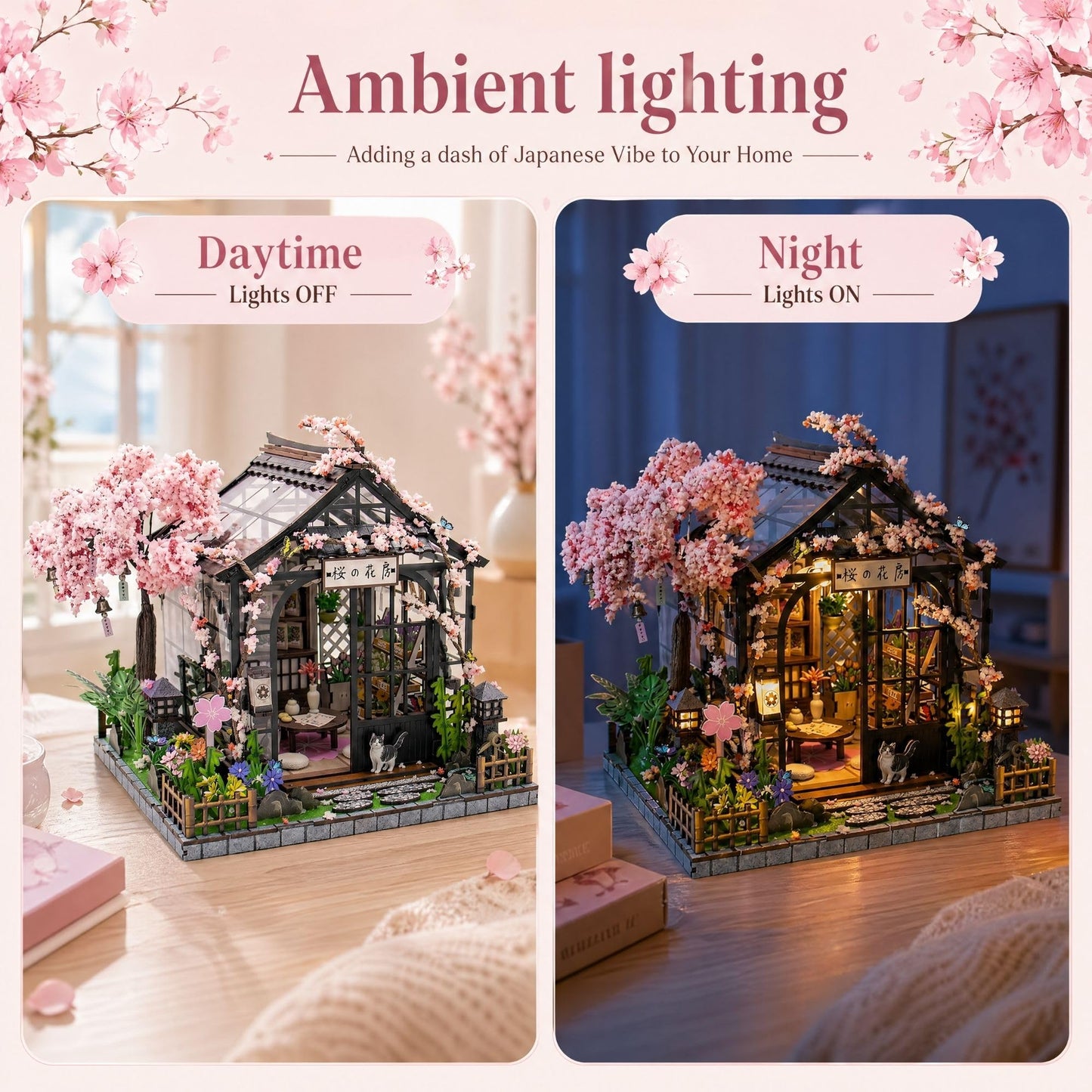 Soothee DIY Miniature House Kit, DIY Book Nook with LED Light | 3D Puzzles for Adults and Teens, Building Kits for Bookshelf Decor, Creative Gift for Craft Lovers | Sakura Greenhouse