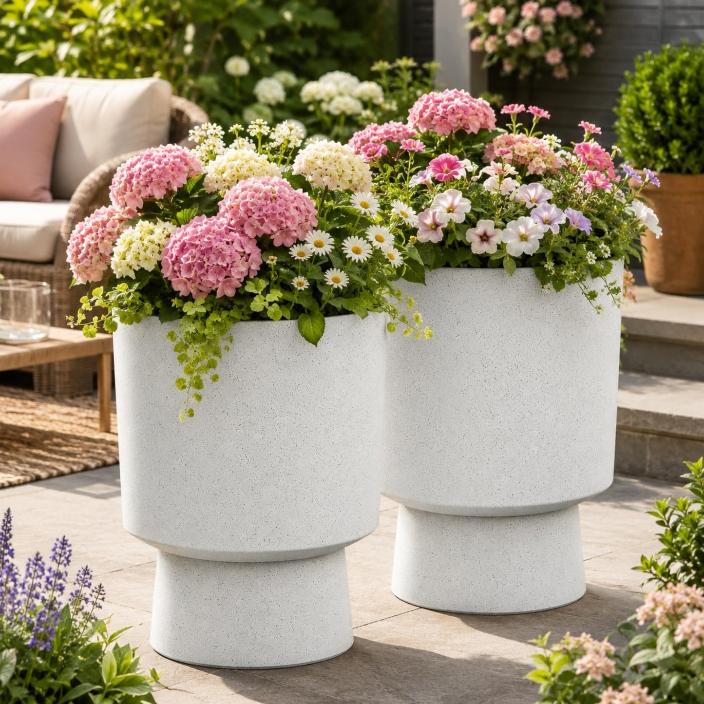 Autodaya 16.75" Tall Pedestal Planters Set of 2, Modern 2-in-1 White Terrazzo Urn-Style Flower Pots, UV-Protected Large Plant Containers for Indoor/Outdoor Garden Patio Balcony Decor