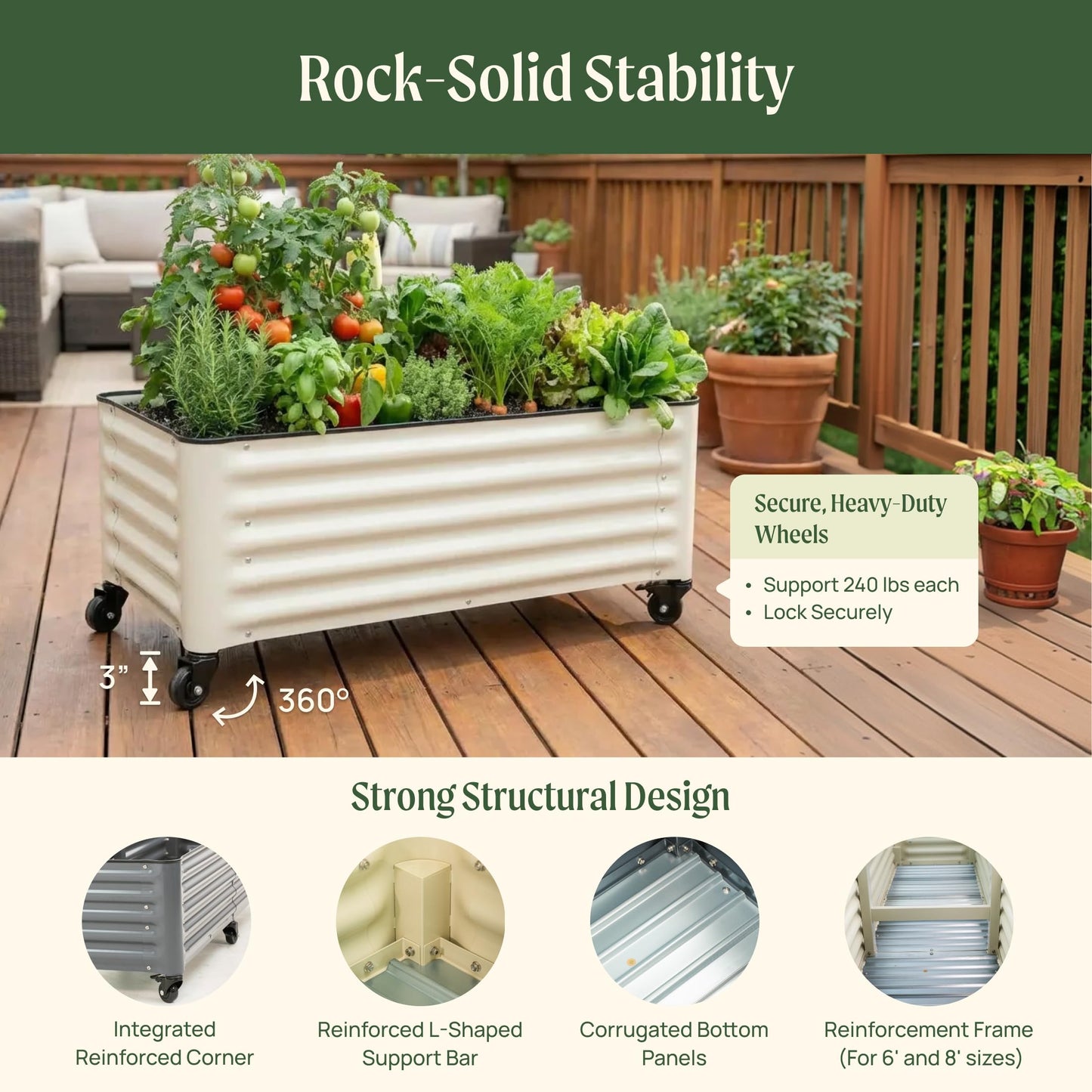 Vego garden Classic Rolling Citrus Tree Planter – 1.75' Mobile Metal Raised Garden Bed for Patio, Deck, Balcony – Deep Planting Space, Durable & Easy to Move (Modern Gray, 1.75'X1.75')