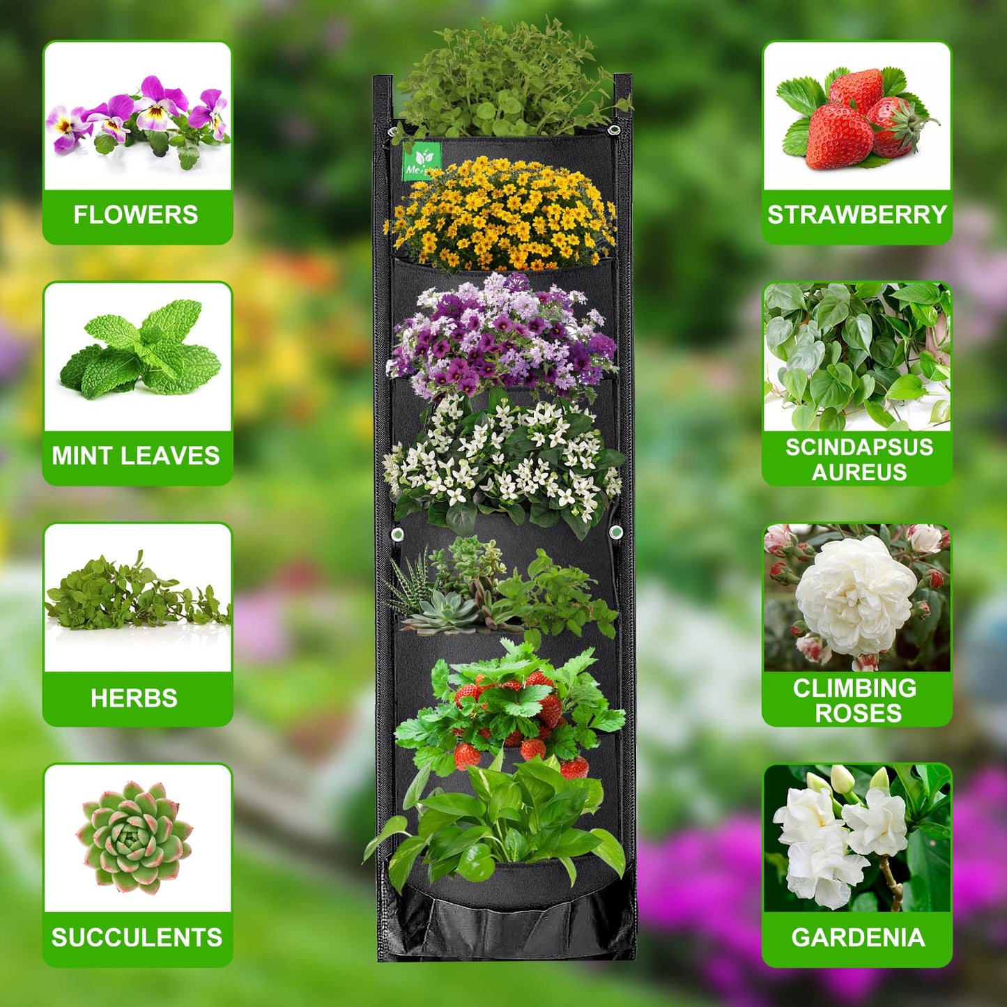 MEIWO 2 Packs Hanging Planter for Outdoor Plants, 7 Pocket Vertical Wall Planter, Balcony Planter, Railing Planter, Garden Balcony Decor