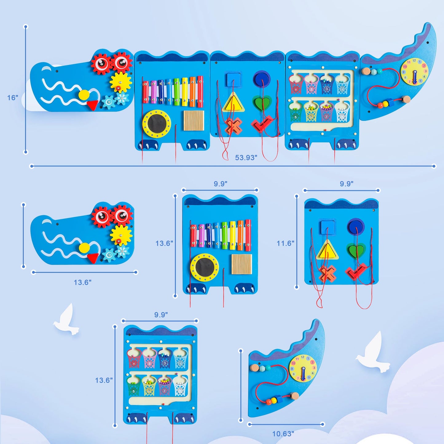 Spacocld Crocodile Sensory Toys Activity Wall Panels - Montessori Busy Board, Toddler Learning Panel, Wall-Mounted Playroom/Daycare Educational Toys, Interactive Wooden Gift for Kids 3-6, Blue