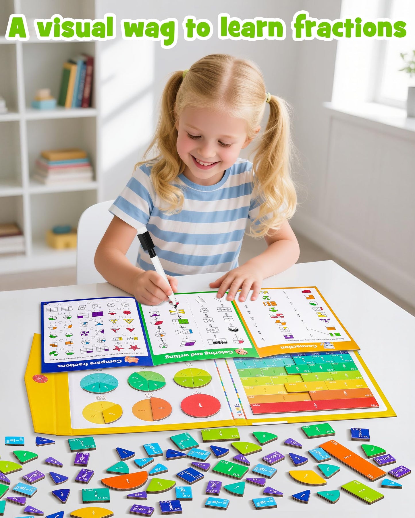D-FantiX Large Magnetic Fraction Demonstration Book, Magnetic Fraction Tiles & Fraction Circles Set with Dry Erase Activity Card, Montessori Fraction Manipulatives Learning Toys for Kids