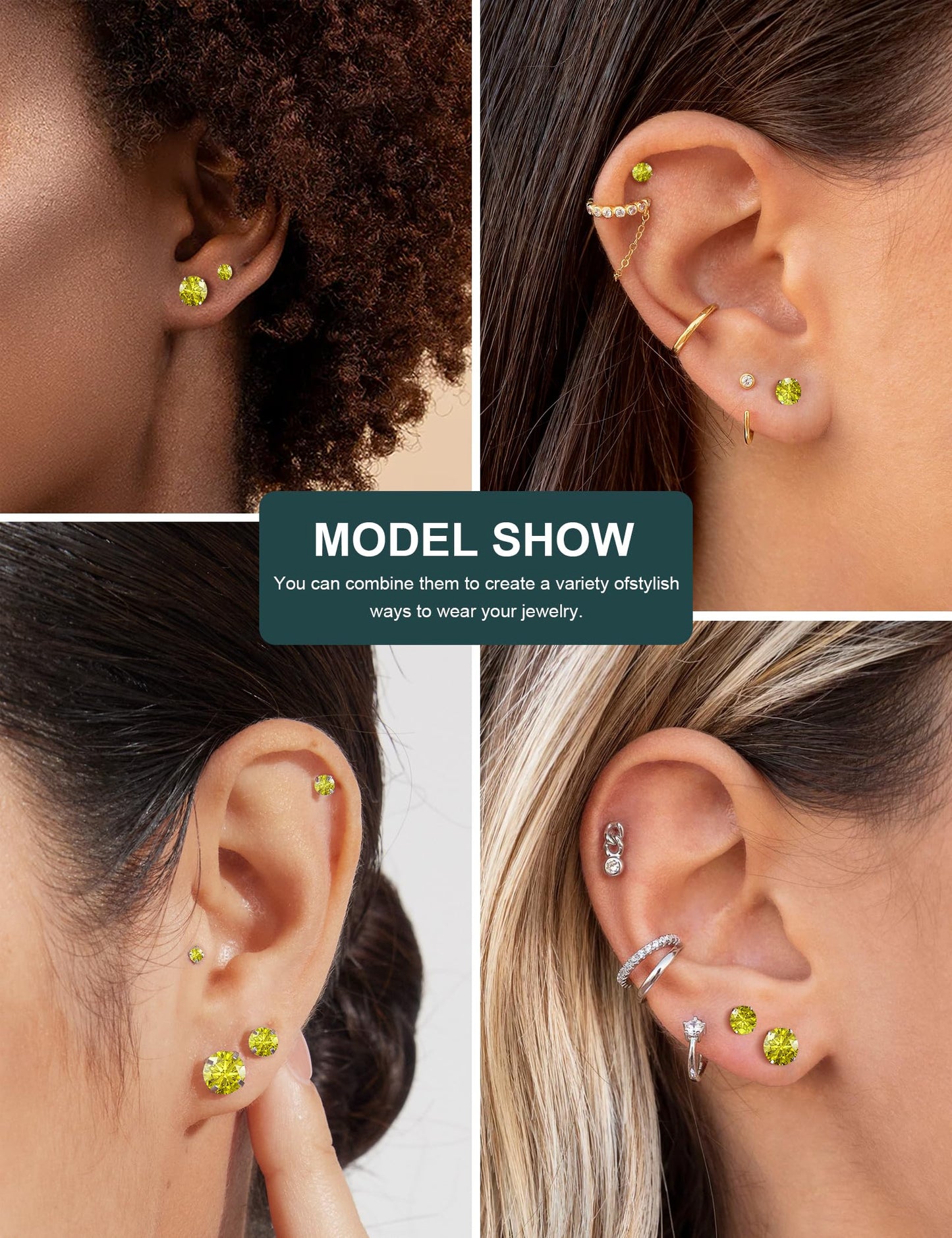 6 Pairs Stud Earrings Set Hypoallergenic Cubic Zirconia 316L Earrings Stainless Steel Earrings for Women (Yellow)