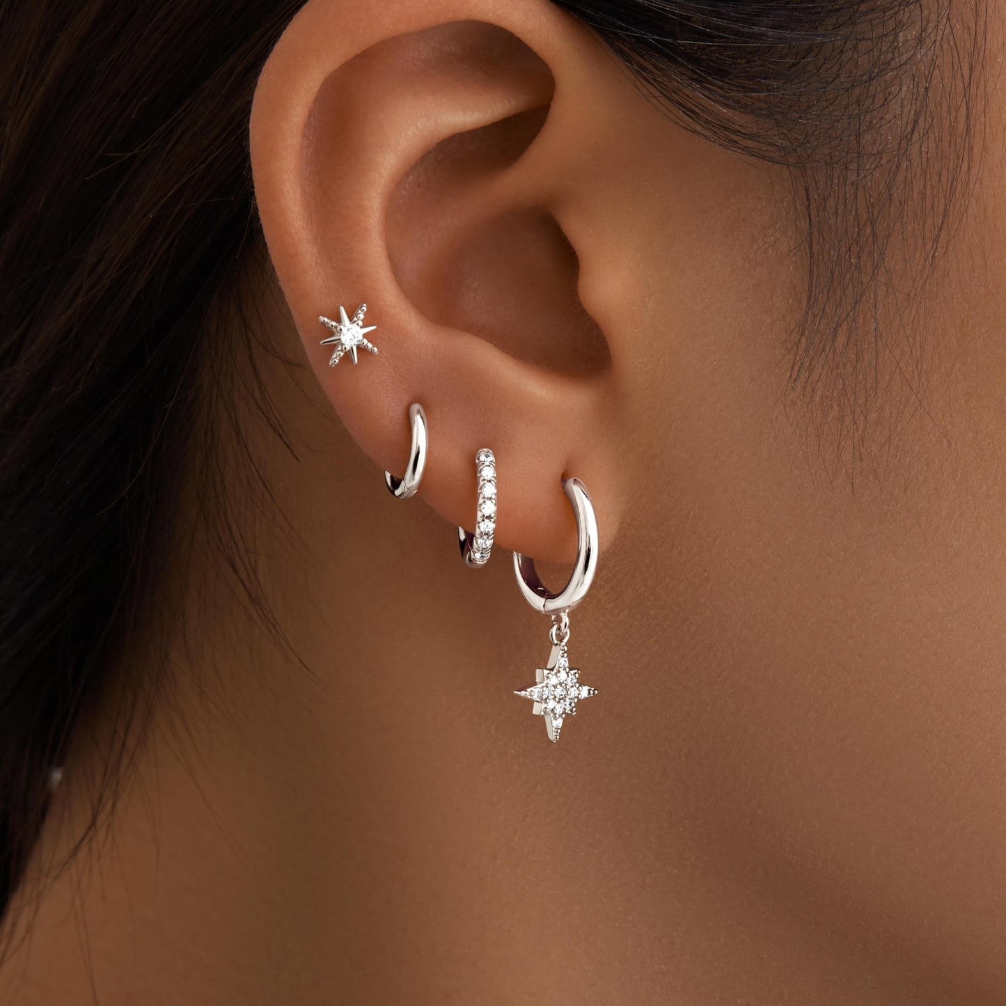 Silver Star Earrings for Women, Silver Star Dangle & Stud Earrings Stack Multiple Piercing Cartilage Hoop Lightweight Hypoallergenic Women Earrings for Sensitive Ears