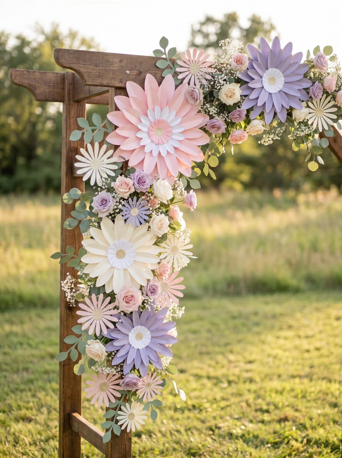 34pcs 3D Paper Flowers Wall Decor Set - Neutral Daisy with Green Leaves, Boho Cream White Peach Backdrop for Nursery, Baby Shower, Home Warming & Classroom Decor (Lilac & Blush)