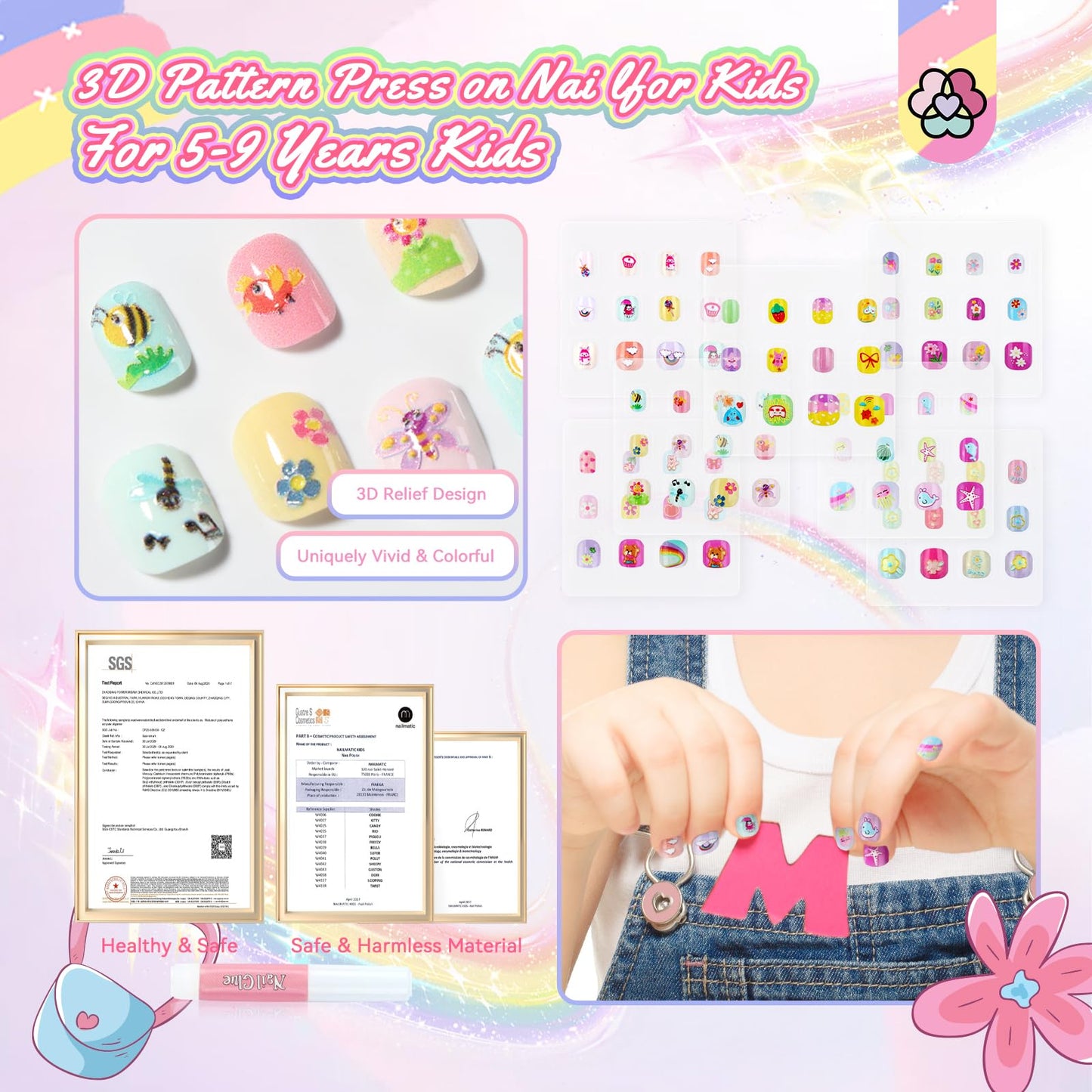 SAVILAND 3D Press on Nails for Kids: 7 Pack Kid Press on Nails for 5-9 Years Pre Glue Full Cover Short Kids Fake Nails Stick On Children Artificial False Nail Tips Fingernails Gifts for Kid