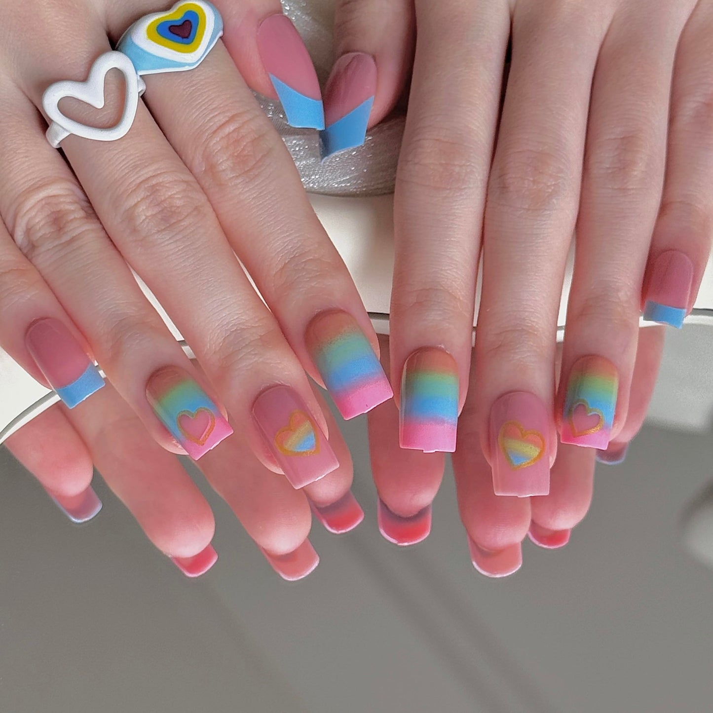 24 Pcs Rainbow Coffin Press on Nails - Colorful French Tip Acrylic Nails with Hollow Heart Design