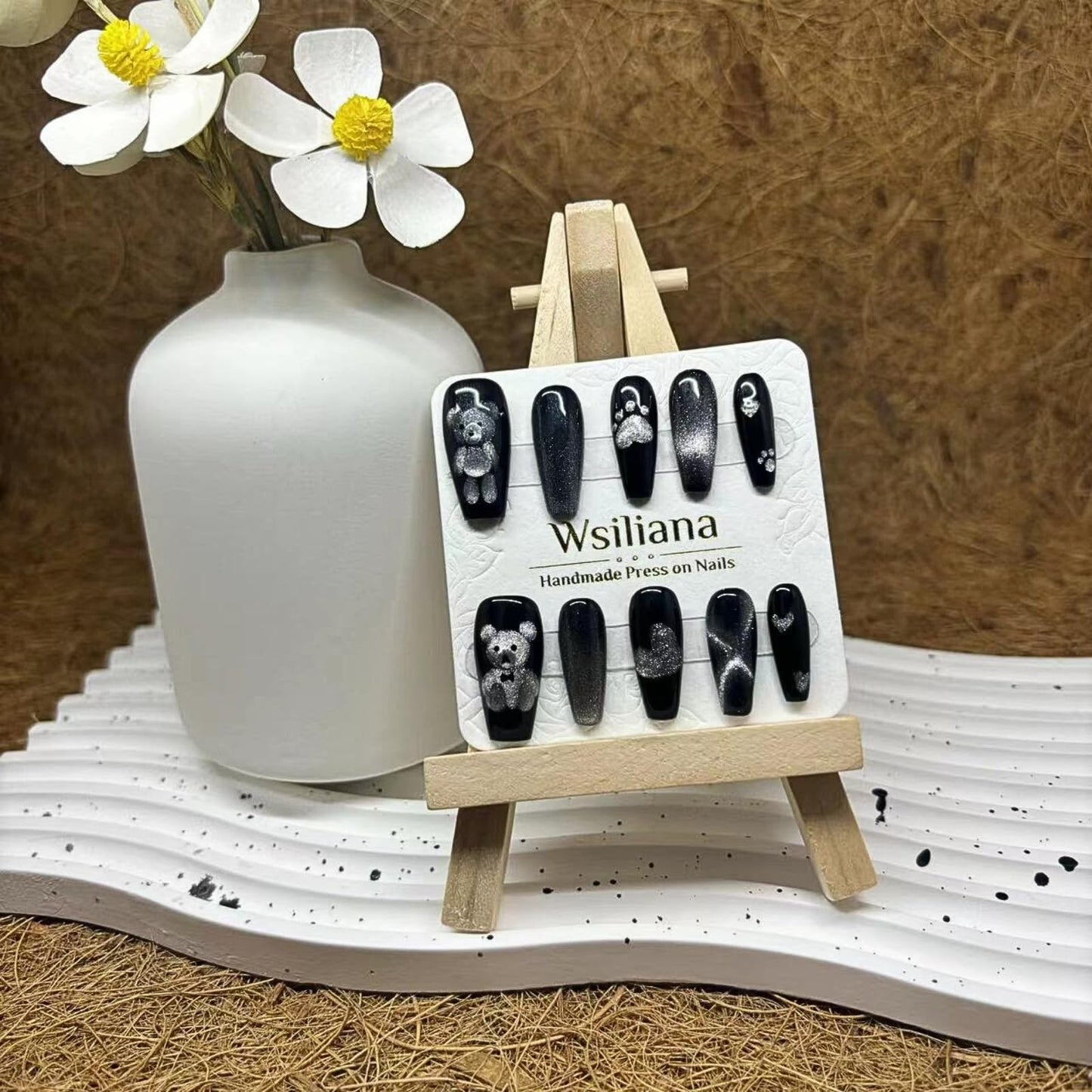 Wsiliana Handmade Fake Nails Press On Nails Medium Short Coffin Pink Tip 3D Design Art Charms Cute with Storage Box 10 Pcs (011, M)