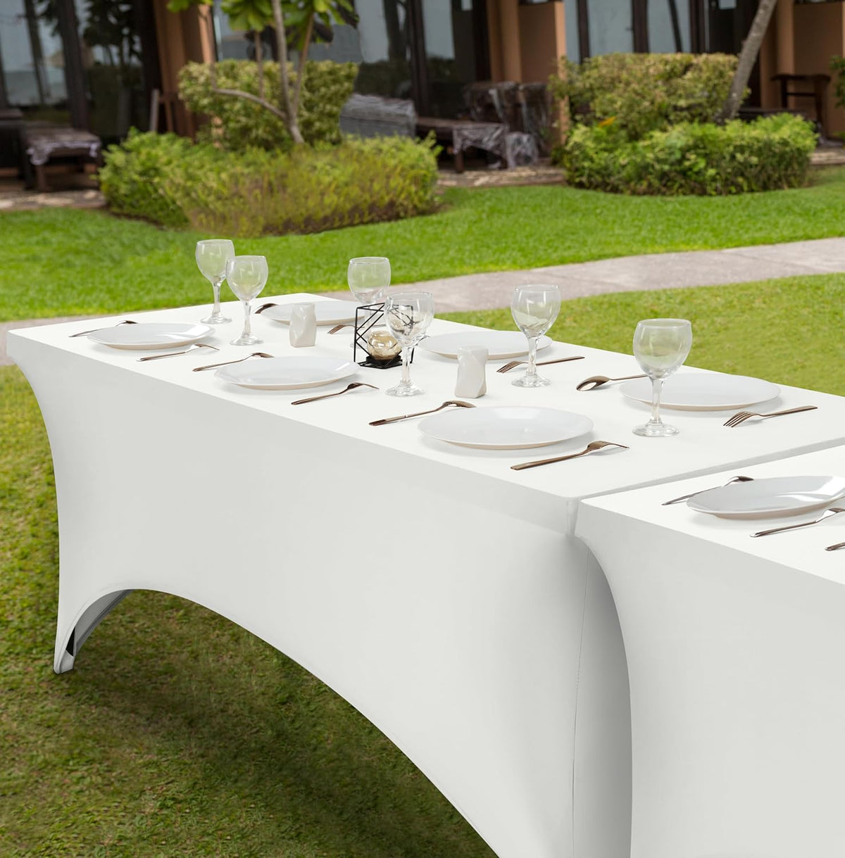 Utopia Kitchen 5FT Spandex Tablecloth [2 Pack, White] 200 GSM Stretch, Fitted, Washable and Wrinkle Resistant Table Cloth Rectangle Cover for Trade Shows, Wedding, Parties [60Lx30Wx30H Inch]