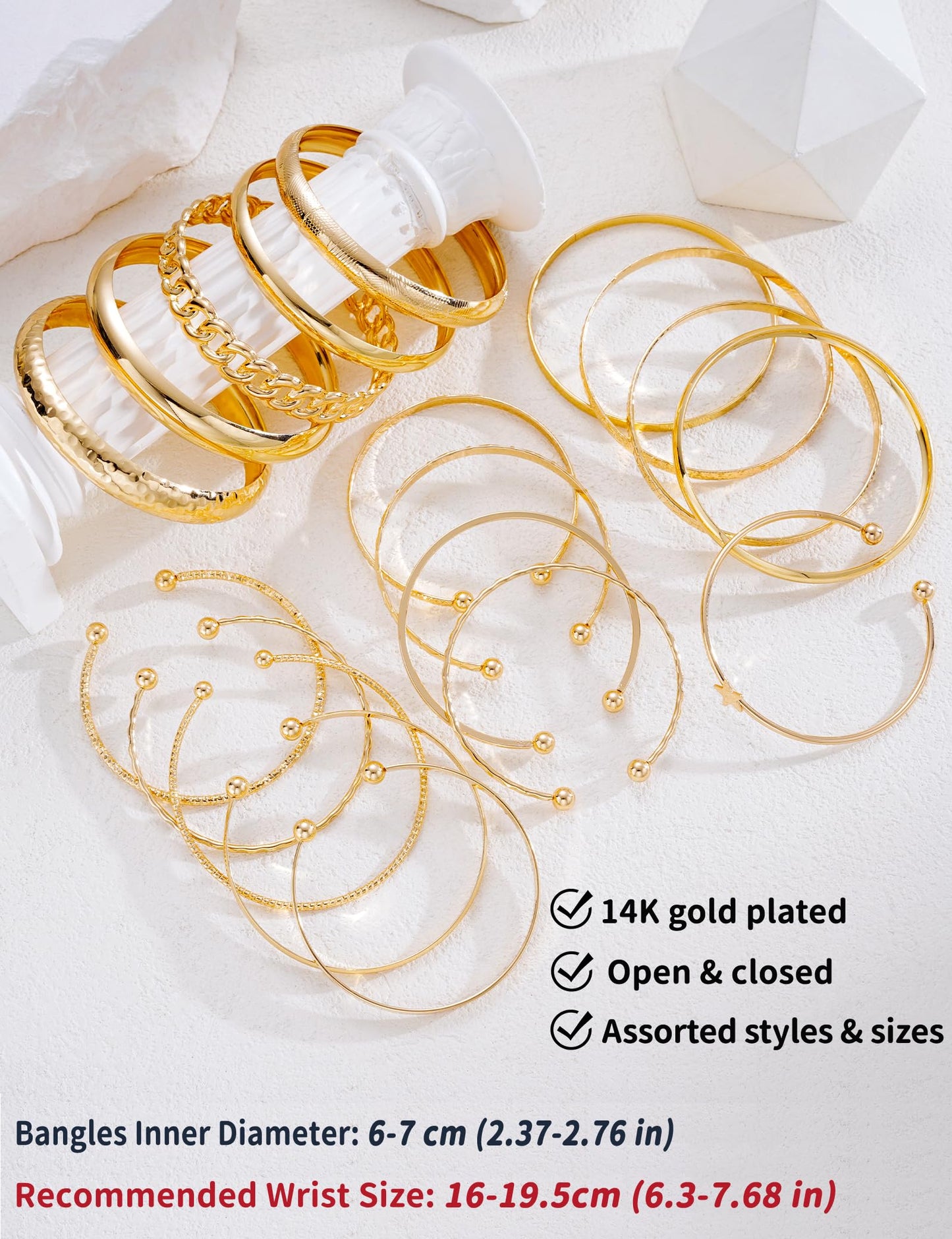 ÌF ME Gold Bangle Bracelets for Women, 19Pcs Multi Stackable Textured Bangles Set, Dainty 14K Gold Plated Chunky Bracelet Stack Fashion Boho Jewelry Gifts for Women