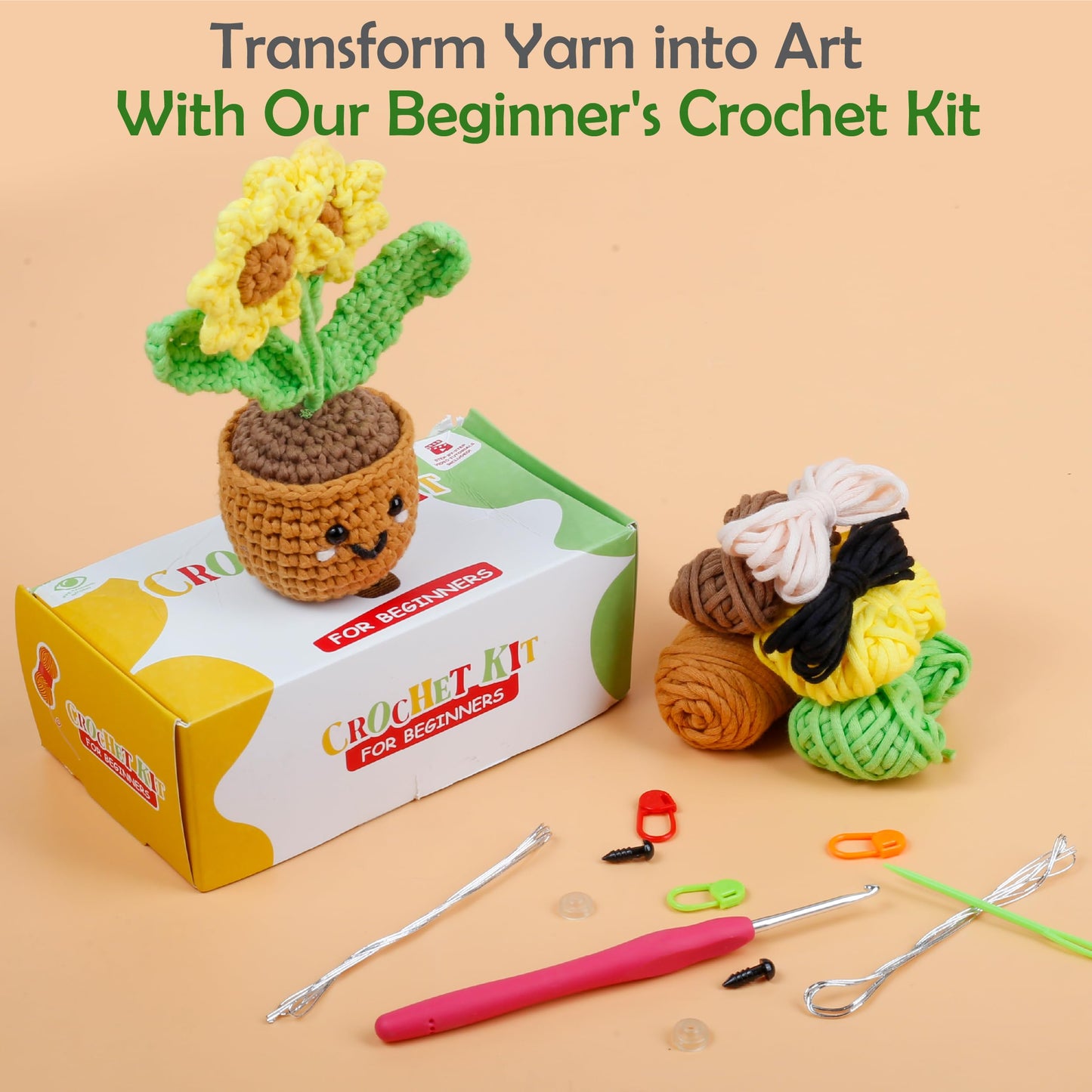 A-URA Learn to Crochet Kit for Beginners Kids and Adults, Premium Pattern Sunflower Beginner Crochet Kits with Easy Tube Yarn & Step-by-Step Video Tutorials