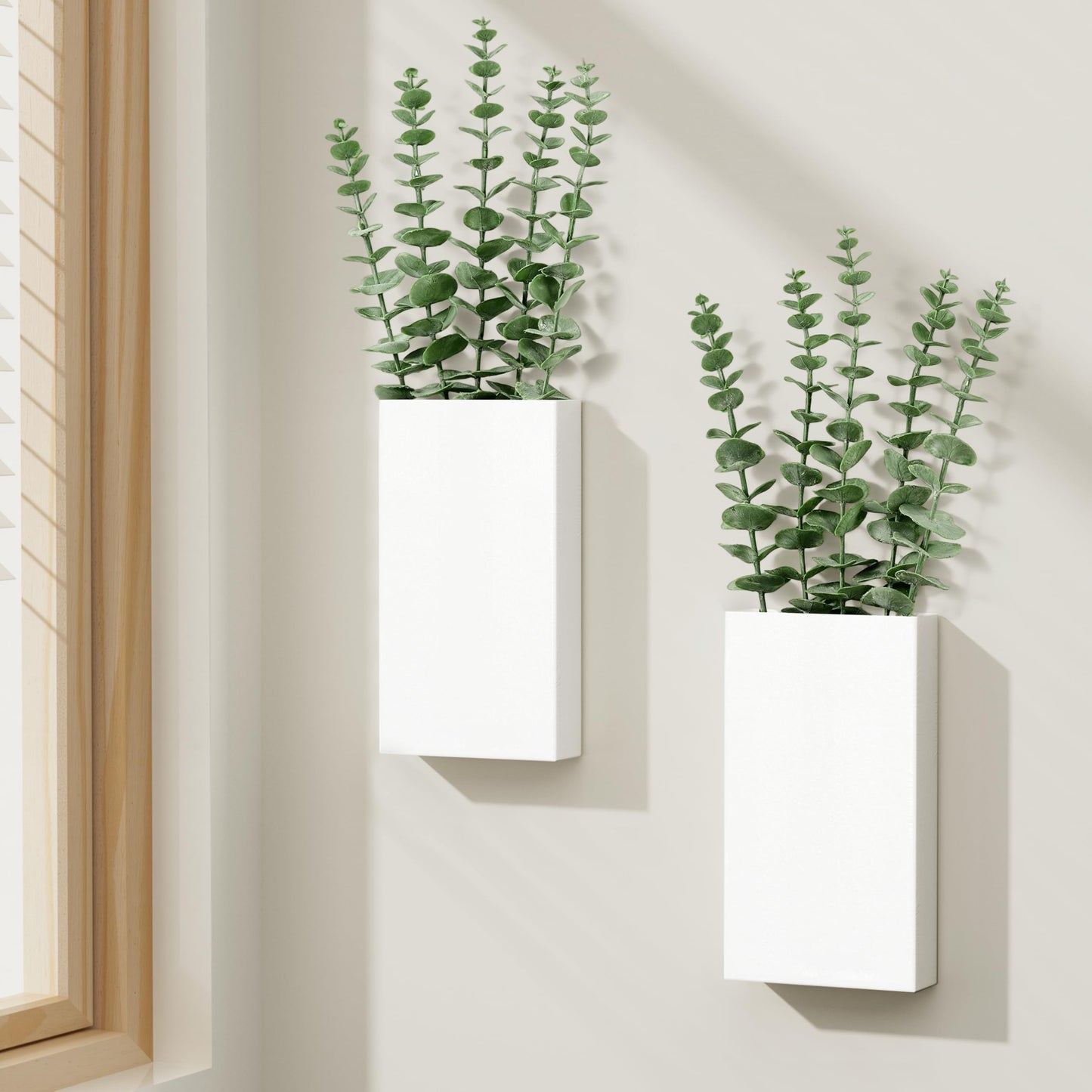 2 Pack Metal Wall Planter Vases Decor with Artificial Eucalyptus, Modern Farmhouse Rustic Hanging Pocket Planters for Indoor Greenery and Flowers, Living Room Bedroom Kitchen Decoration, White