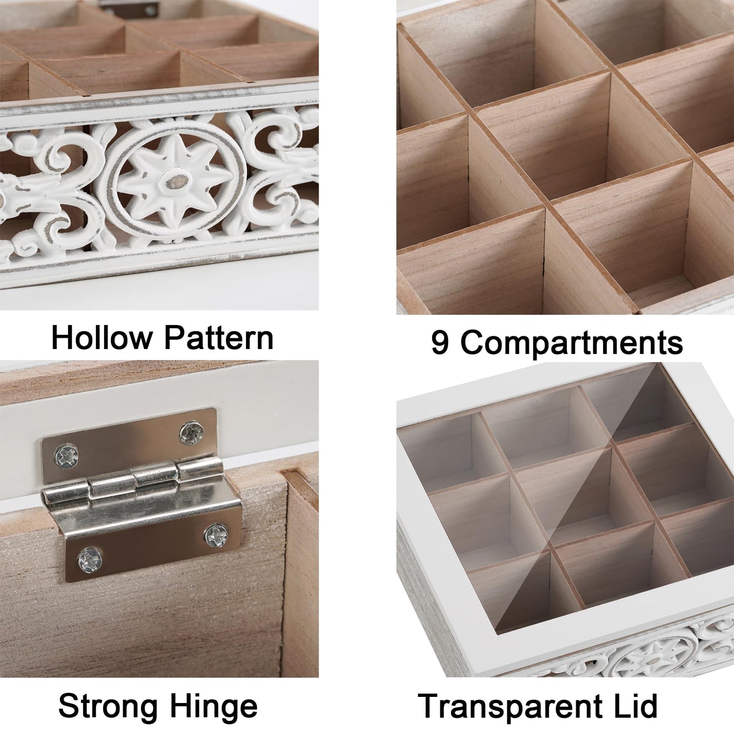 AHUONEL Tea Bag Organizer Wooden Tea Box for Tea Bags, Tea Organizer 9 Compartments Tea Chest Storage Box with Clear Lid, Tea Bag Holder Tea Caddy for Tea Coffee Sugar, Home Kitchen Office, White