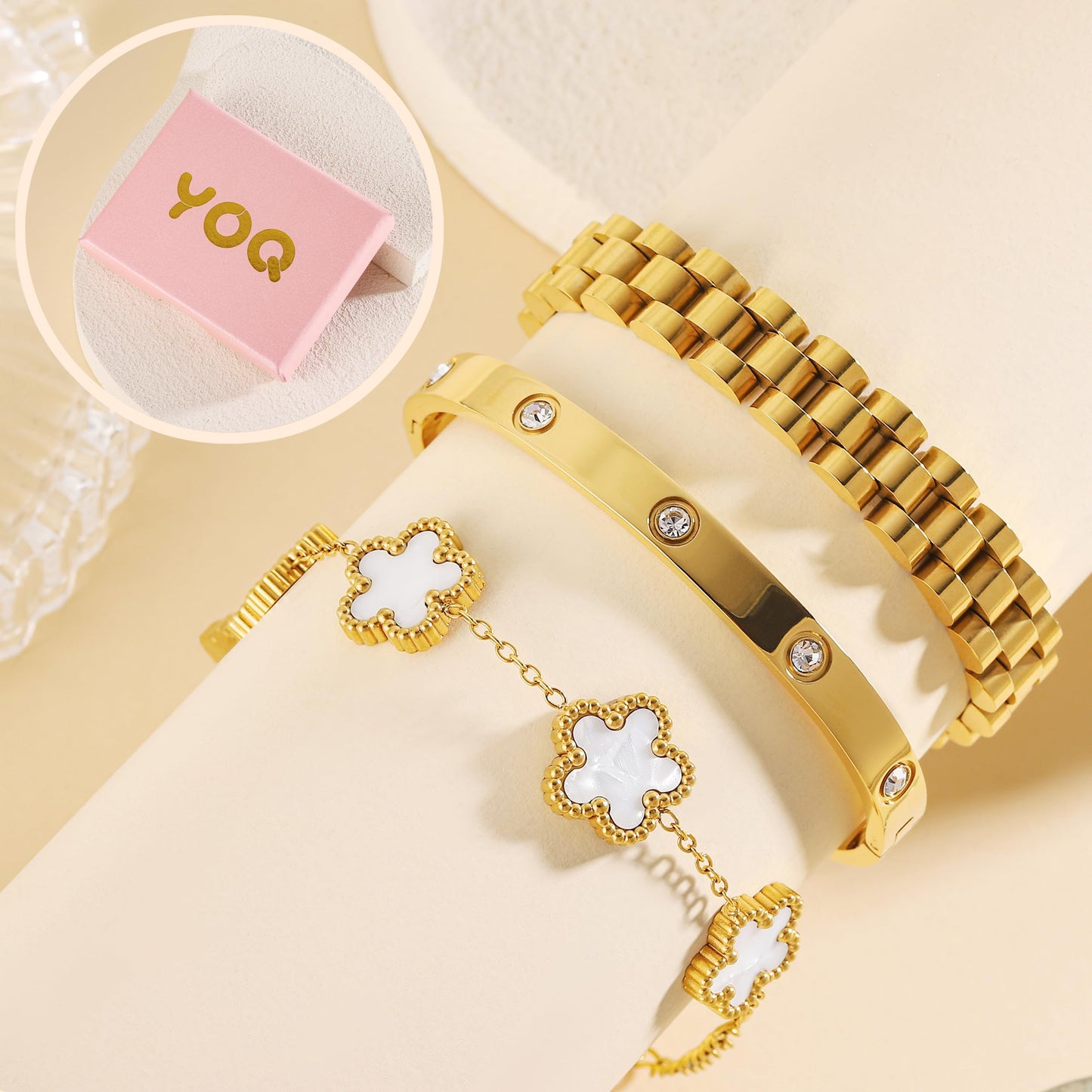YOQ Stackable Four Leaf Clover Bracelets for Women, 18K Gold Plated Love Bangle Bracelets Set, 3 Pcs Charm Jewelry Gifts (White)