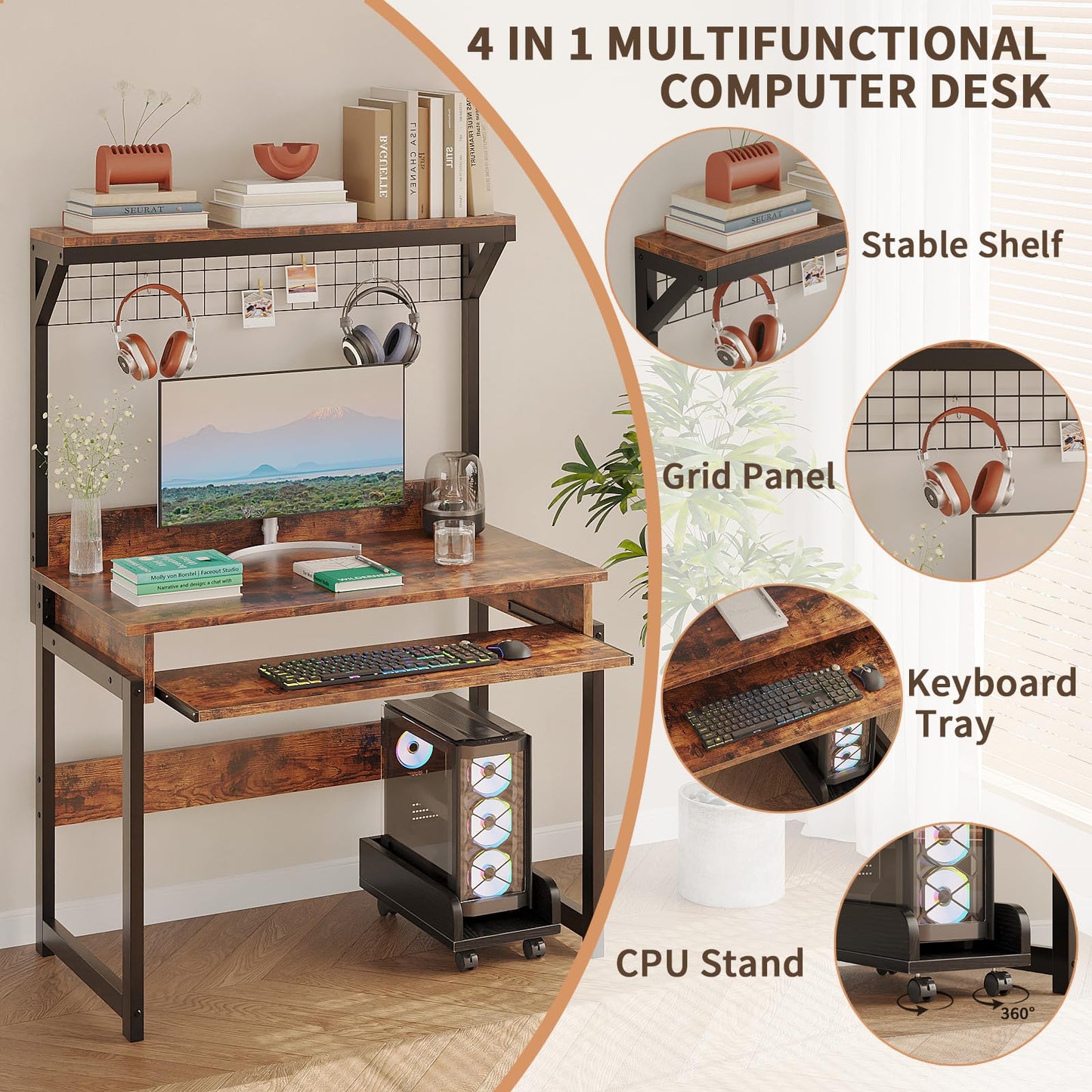 ALISENED 31.5" Small Computer Desk with Hutch, Office Desk Study Table Writing Desk Workstation PC Table for Home Office, Space Saving Design