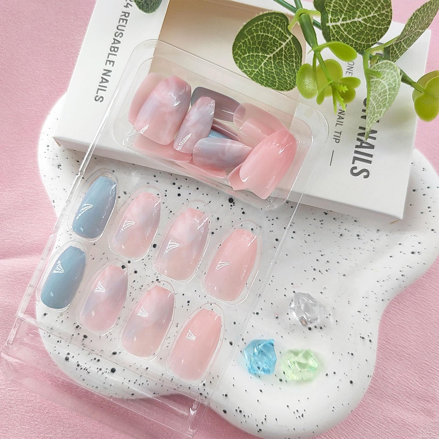Short Press on Nails Coffin Fake Nails with Marble Designs Pink Nails Press ons Spring Summer Glue on Nails Glossy Acrylic Nails Blue False Nails Daily Wear Natural Stick on Nails for Women 24Pcs