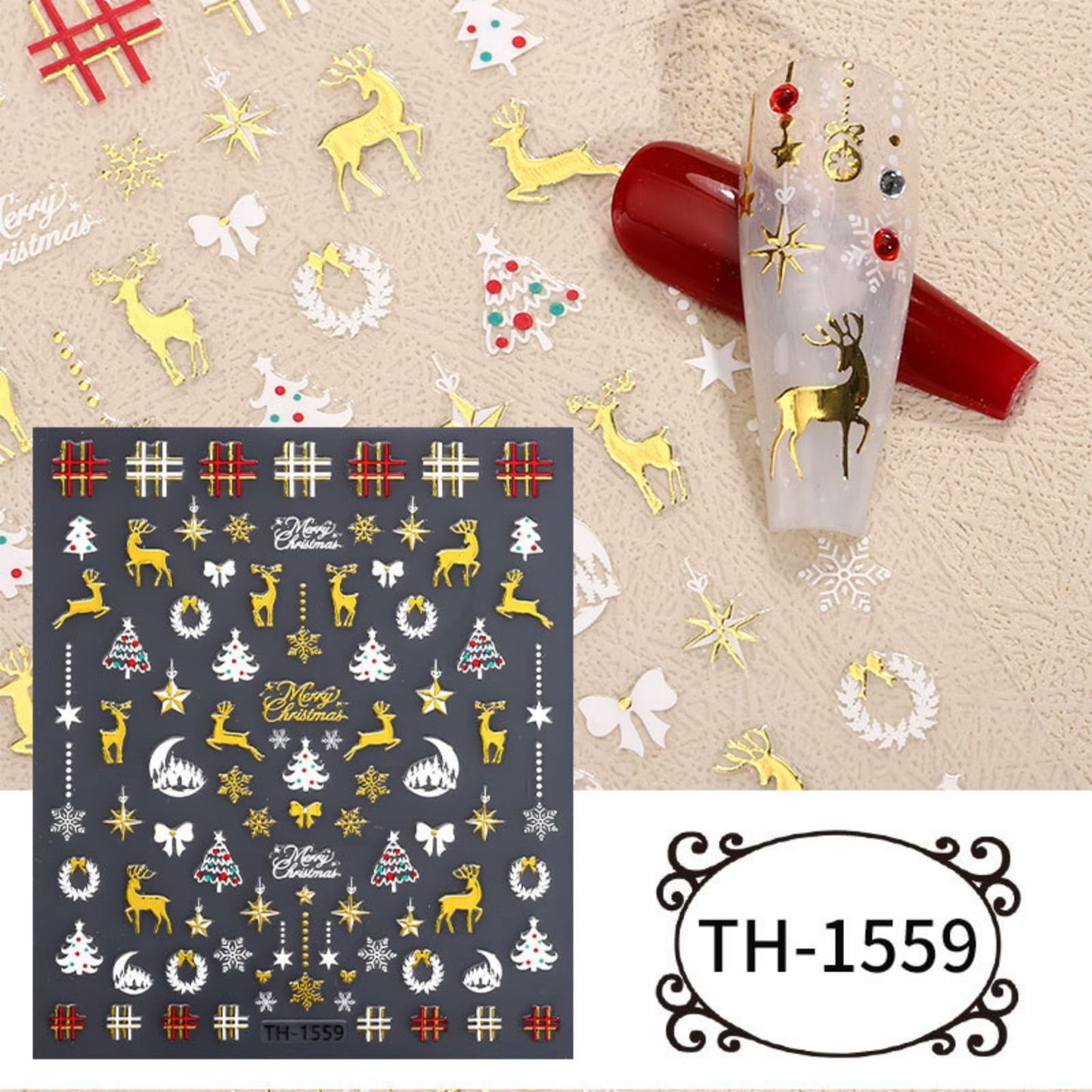 5 Sheets Christmas Bronzing Nail Stickers, 3D Embossed Self-Adhesive Snowflake Nail Decals with Xmas Tree Santa Claus Bow Design Holiday Nail Art Supplies for Women DIY Decorations