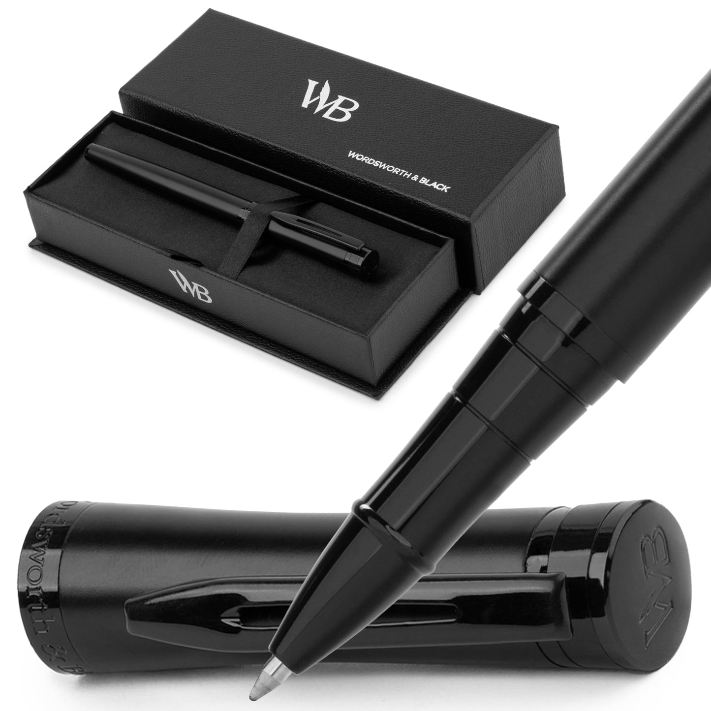 Wordsworth and Black Rollerball Pen - Luxury Pen - All Black Lacquer Finish, Ink Refill, Refillable Gift for Men & Women, Professional Writing, Nice and Fancy Pens and for Work