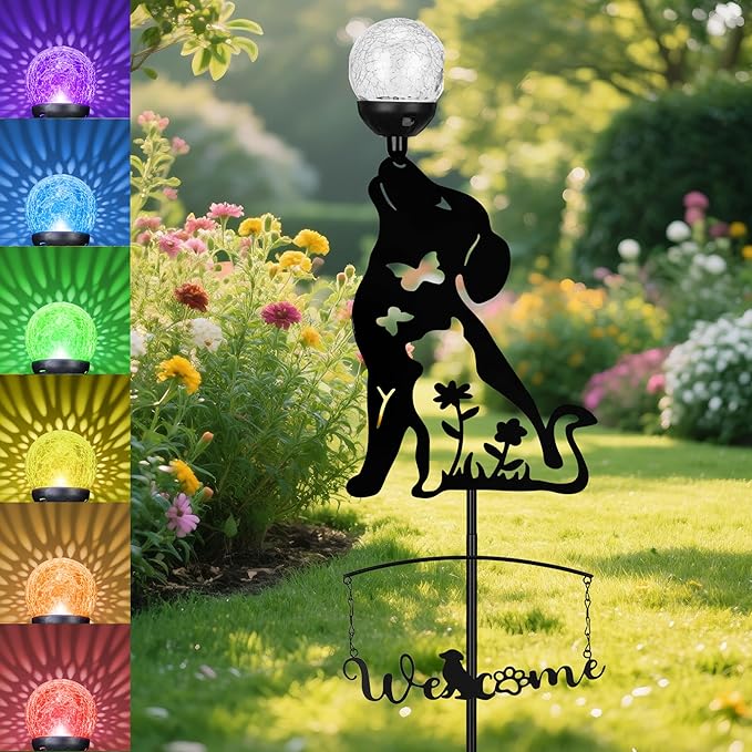 GIBMIDSER Solar Dog Light Outdoor Decorative,Metal Black Dog&Cat Silhouette Solar Garden Stake,Multi-Colored Changing Glass Ball with LED Light,Welcome Yard Sign Lawn Ornament Decor Gifts for Women