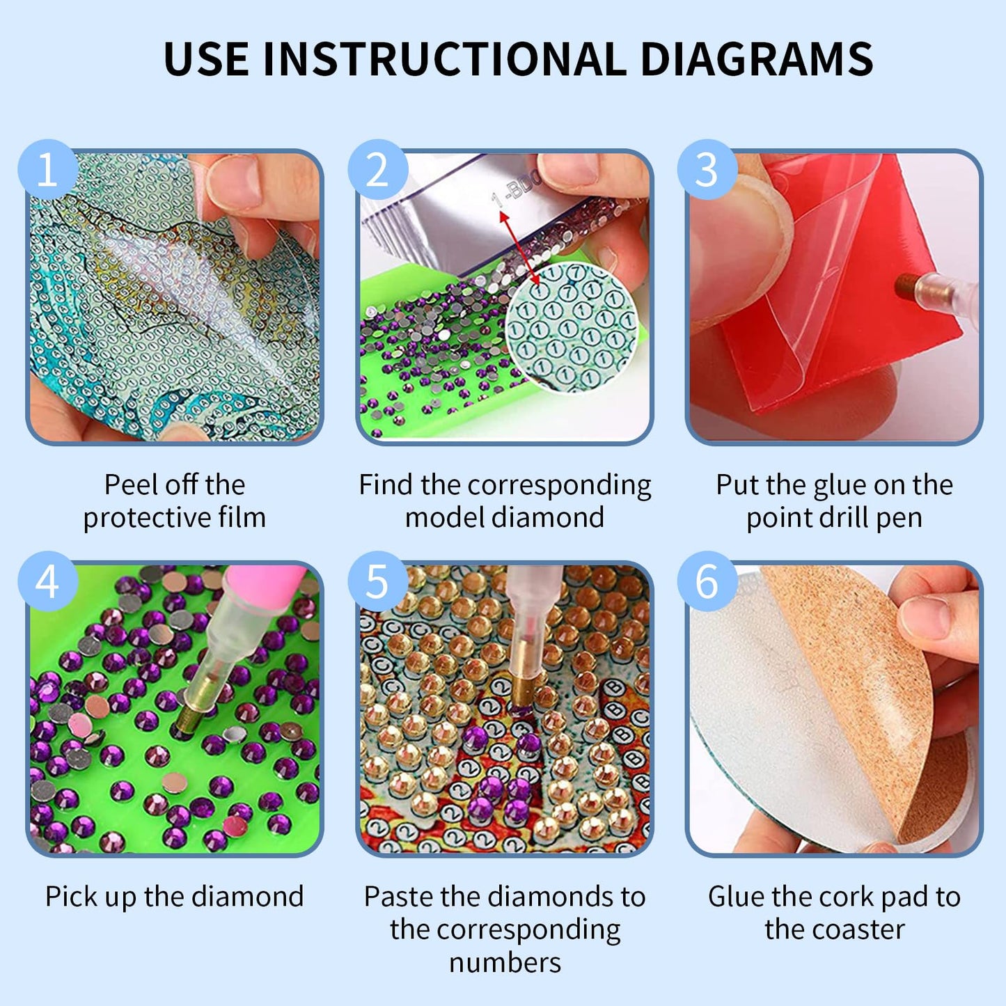 PERFECTSIGHT 6 Pcs DIY Diamond Art Painting Coasters with Holder, Cute Diamond Paint Coaster Kits for Adults, Kawaii Full Drill Diamond Art Craft, Paint by Number Non Slip Coaster - Multicolor Tree