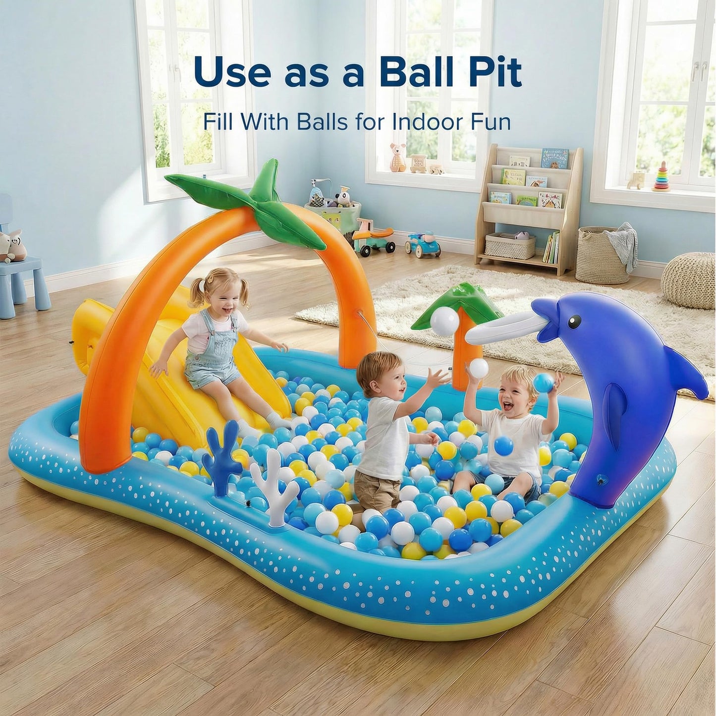 Kiddie Pool with Slide & Palm Tree Sprinkler – 95"x75"x40" Inflatable Water Play Center for Toddlers Ages 2+, Durable PVC Wading Pool for Backyard Summer Fun (Blue & Orange)