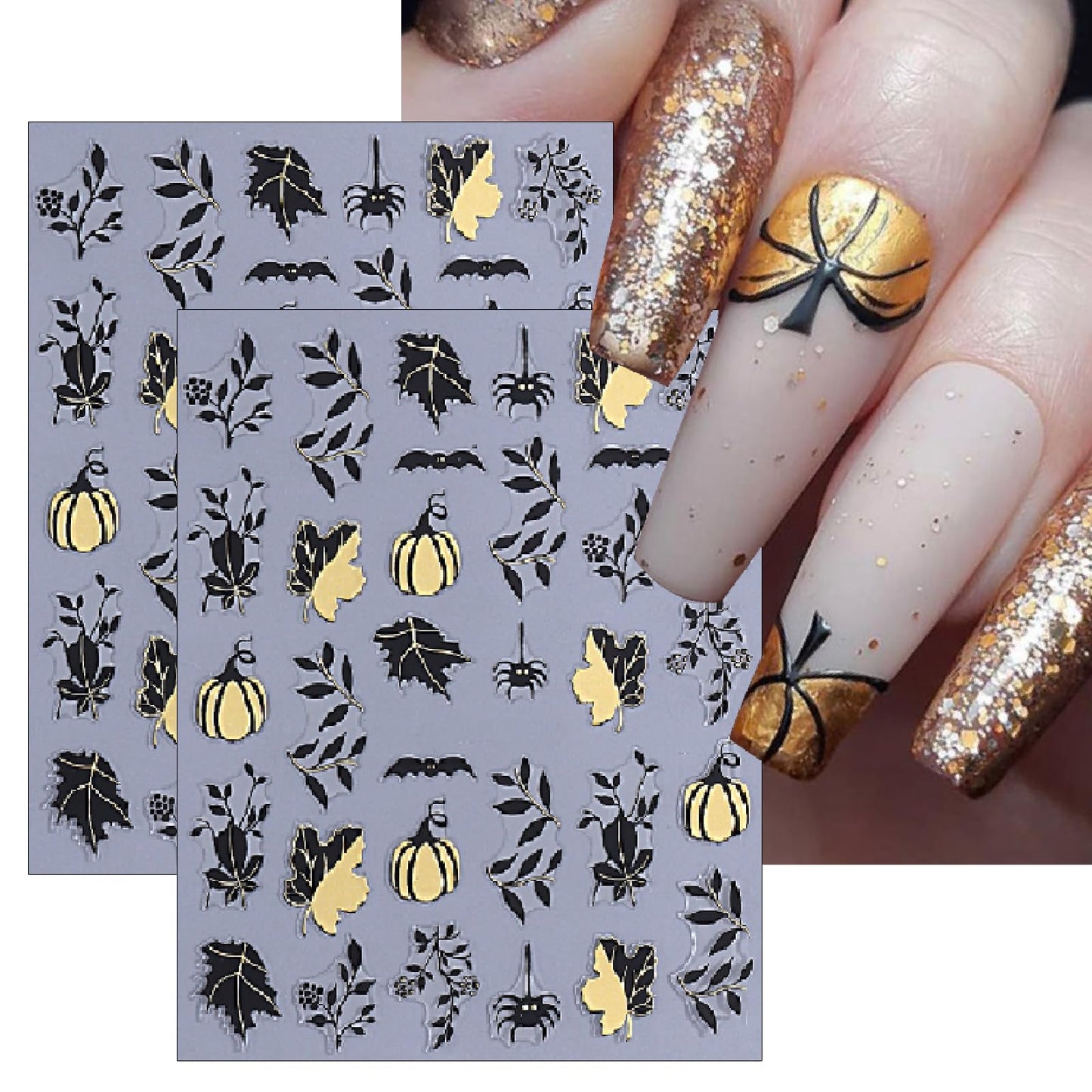 8 Sheets Halloween Nail Stickers 3D Self-Adhesive Glitter Pumpkin Ghost Black Leaf Nail Decals Gold Silver Pumpkin Spider Web Bat Design Nail Stickers for Halloween Party DIY Manicure Kit Decoration