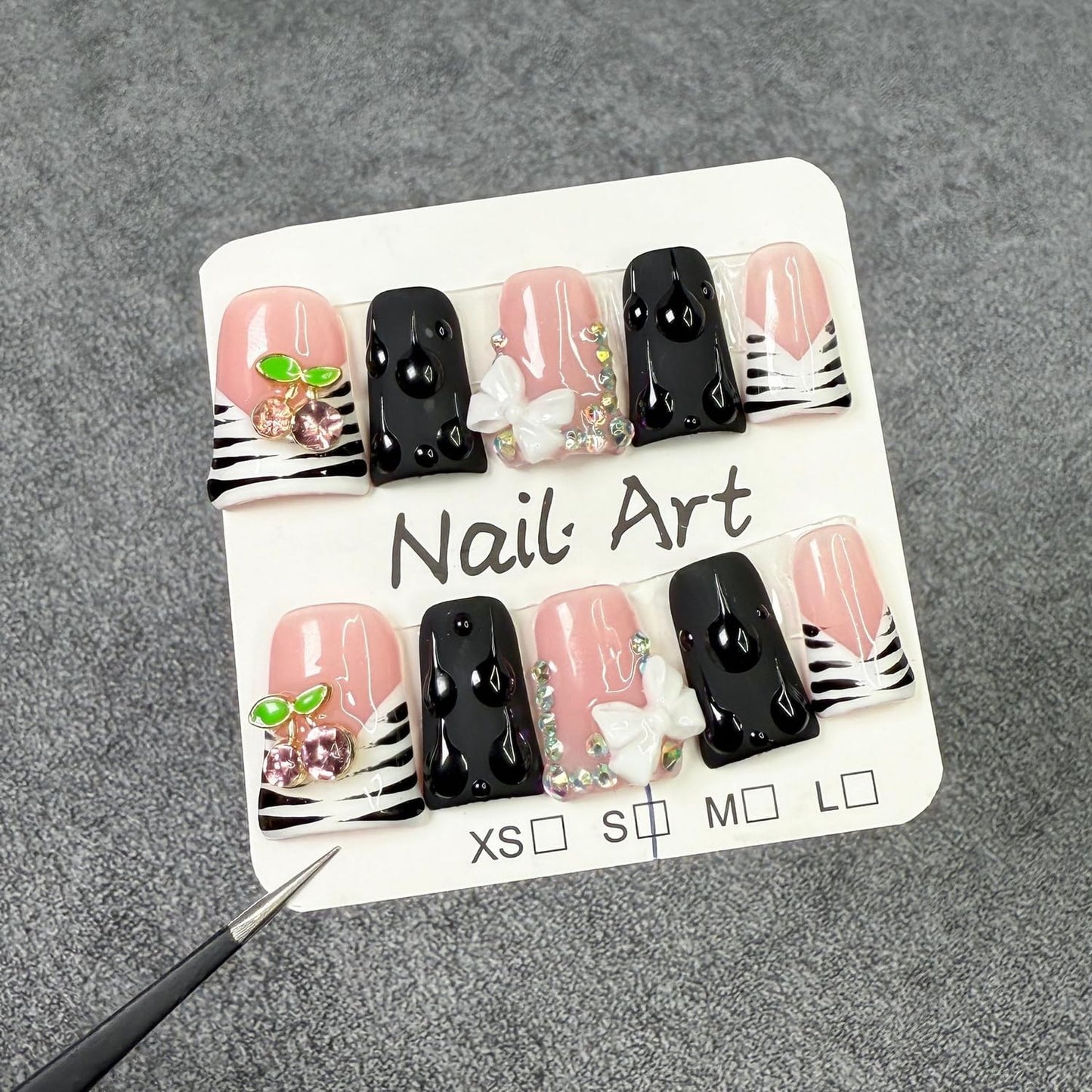 Duck Press on Nails Short Handmade 3D Flower & Cherry Fake Nails Muti-Layer Gel Thick Acrylic Nail Stripe French Tip False Nails with Designs Rhinestones Glossy Black Stick on Nail for Women（M）
