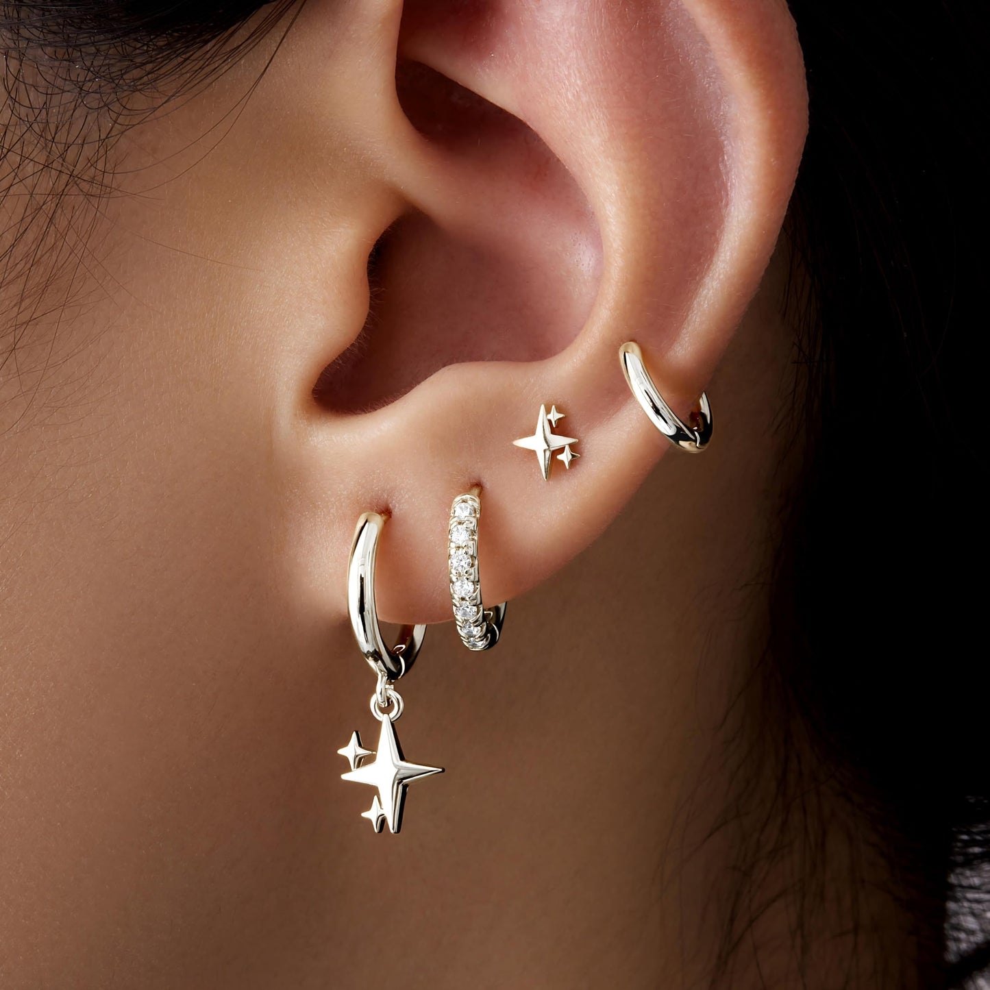 Silver Star Earrings for Women,Huggie Small Stack Cartilage Hoop Star Stud Earring Sets for Multiple Double Piercing, Conch Helix Rook Tragus Daith Piercing Silver Clip On Jewelry Set Gifts