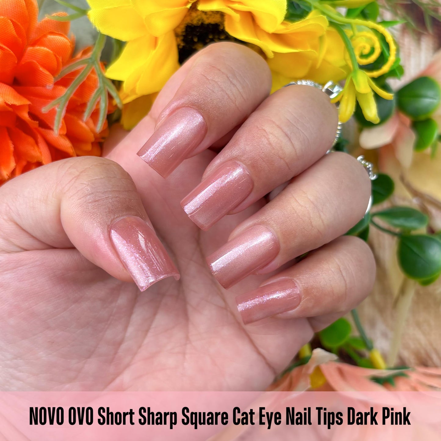 NOVO OVO Short Square Nail Tips 150Pcs Cat Eye, Dark Pink Sharp Square Gel X Nail Tips, Glossy Finished with Top Coat, Full Cover Fake Nails No C Curve for Home DIY Typing Scenario, 15 Sizes