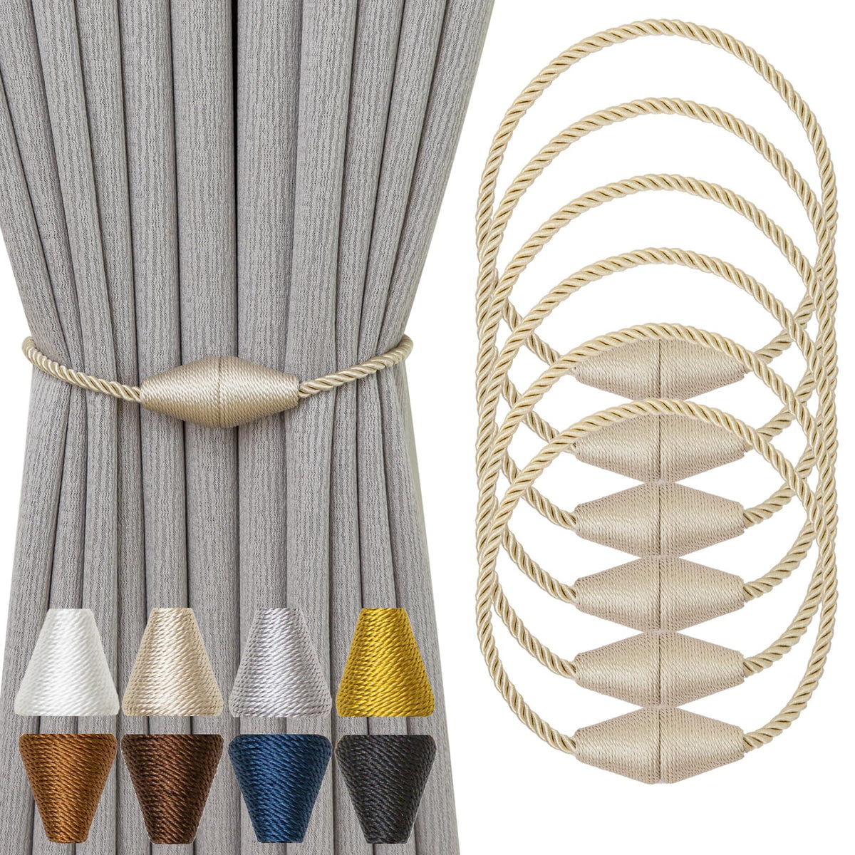 Magnetic Curtain Tiebacks 6 Pack Outdoor Rope Curtain Tie Backs Decorative Window Treatment Holdbacks for Home Decorative Curtain (6 Count)